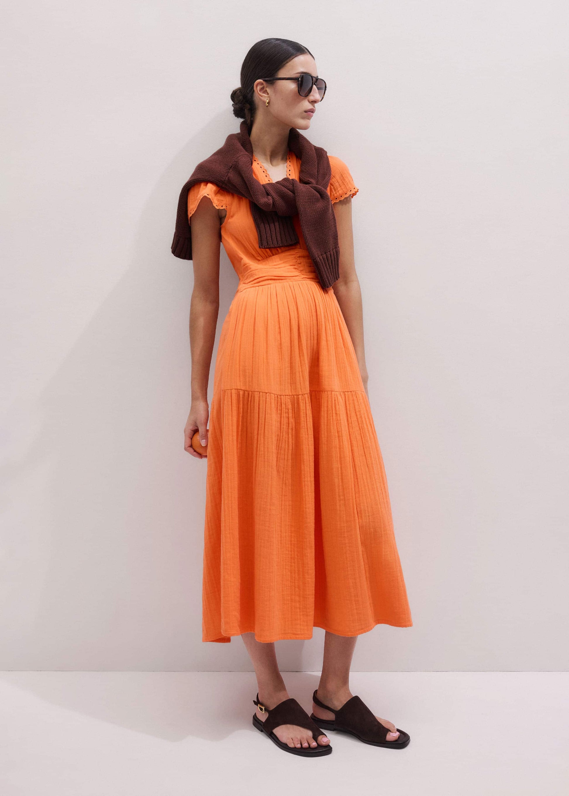 ME and EM Clothing Orange Cheesecloth Fit + Flare Maxi Dress