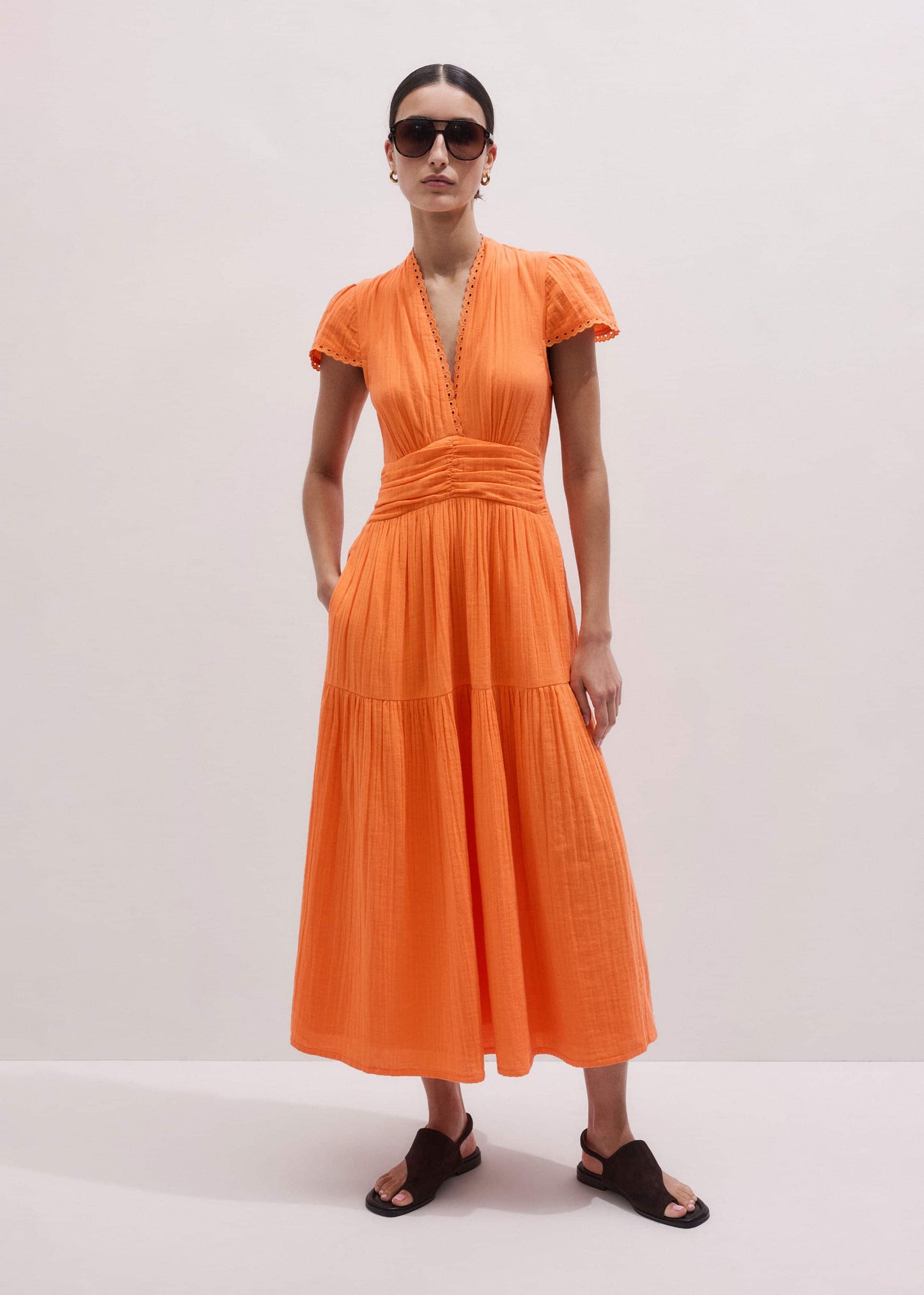 ME and EM Clothing Orange Cheesecloth Fit + Flare Maxi Dress