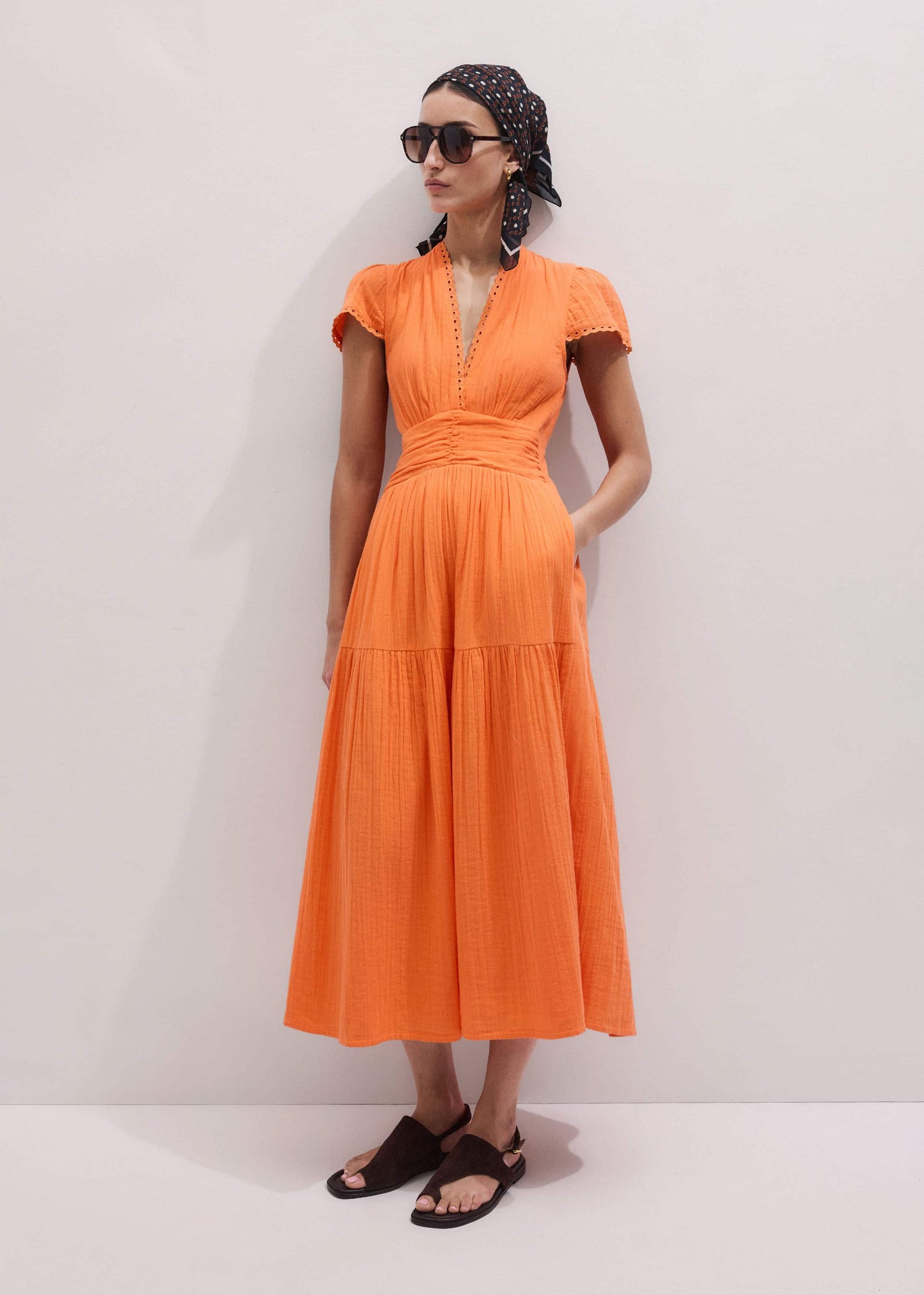 ME and EM Clothing Orange Cheesecloth Fit + Flare Maxi Dress