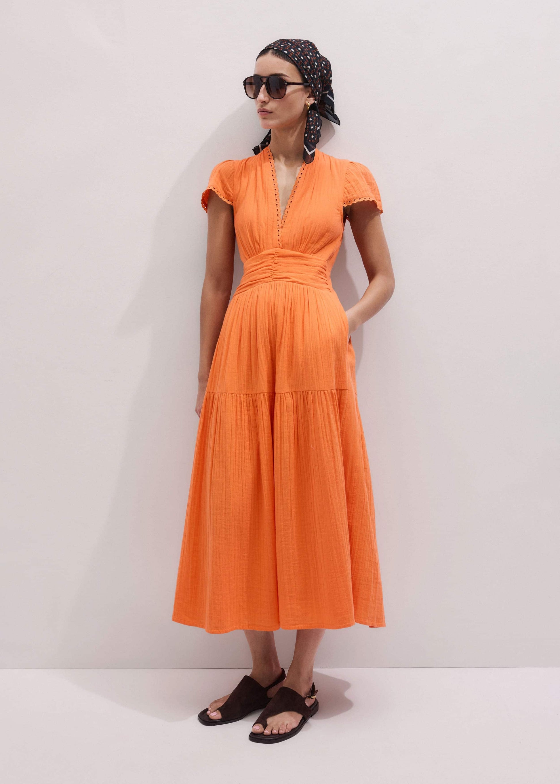 ME and EM Clothing Orange Cheesecloth Fit + Flare Maxi Dress