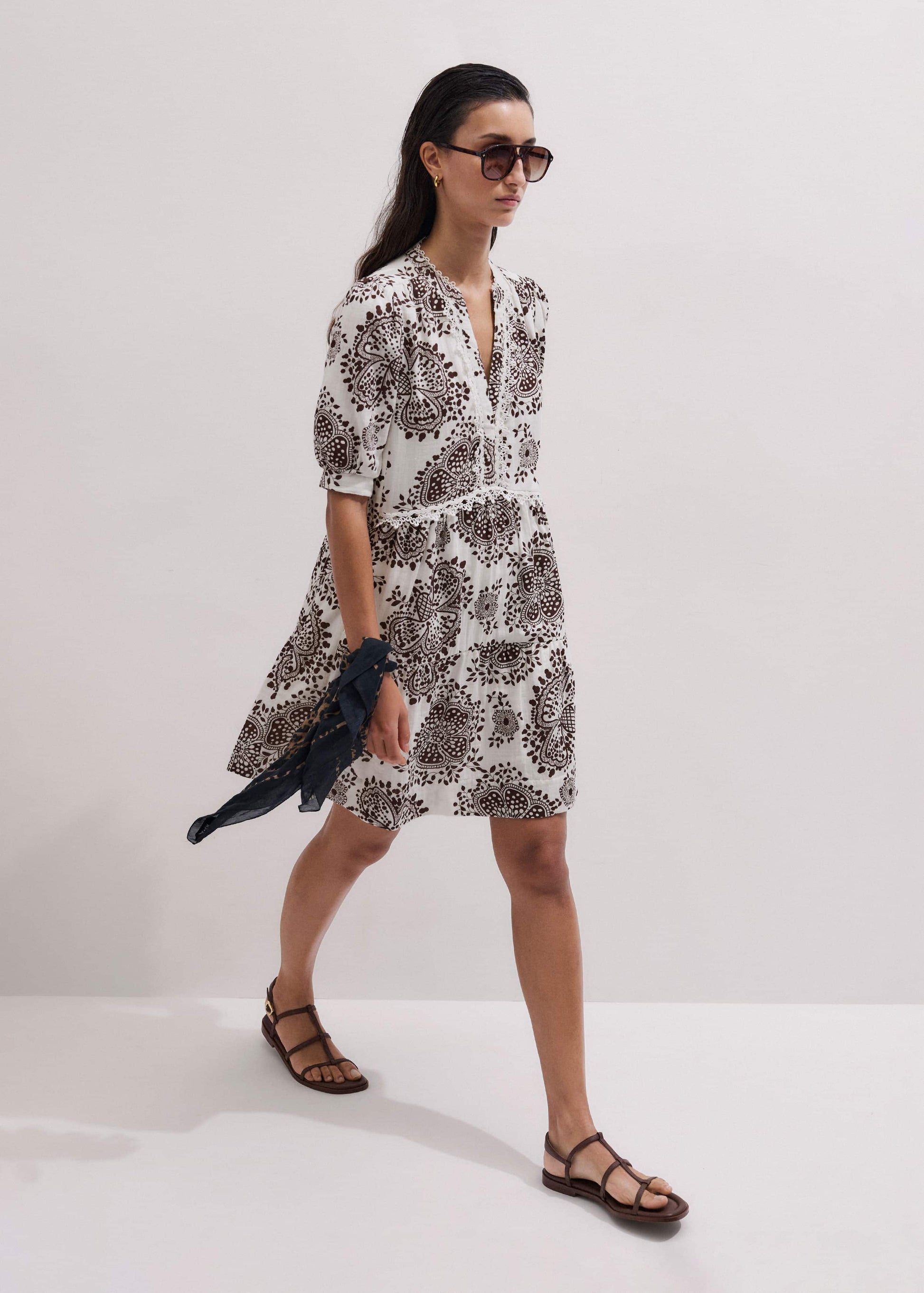 ME and EM Clothing White Cheesecloth In-Full-Bloom Print Swing Short Dress