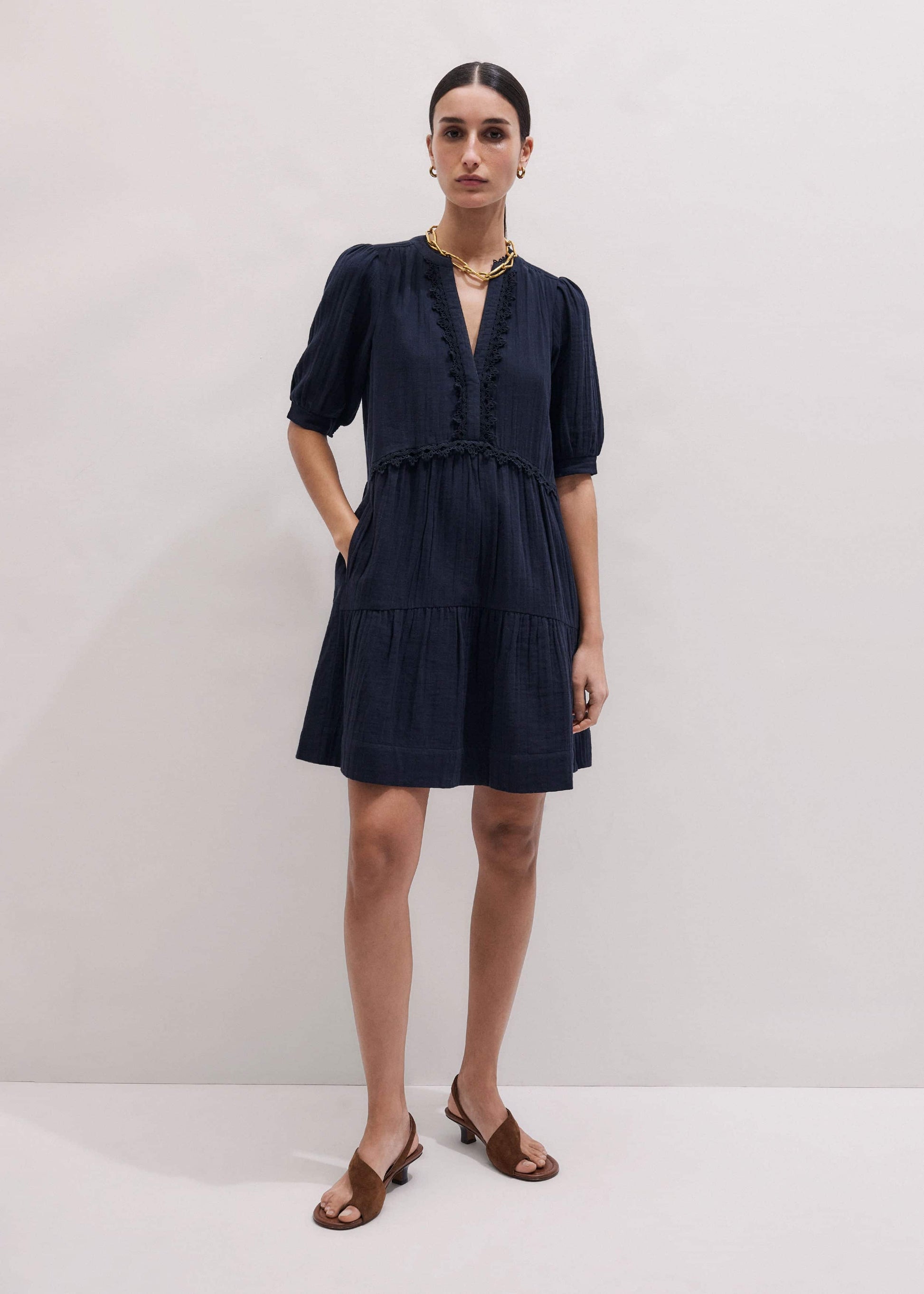 ME and EM Clothing Navy Cheesecloth Short Swing Dress