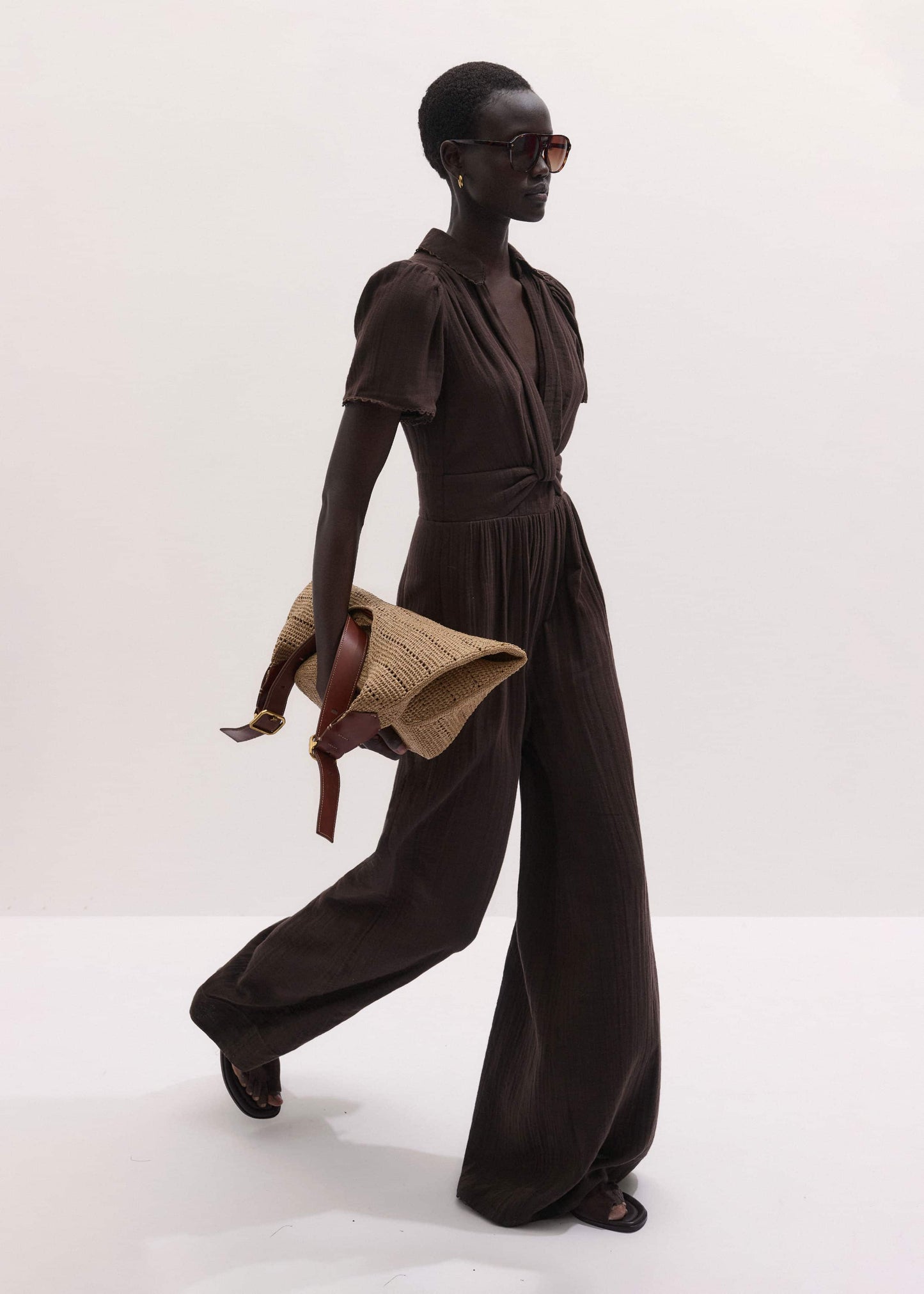 ME and EM Clothing Brown Twisted Front Cheesecloth Jumpsuit