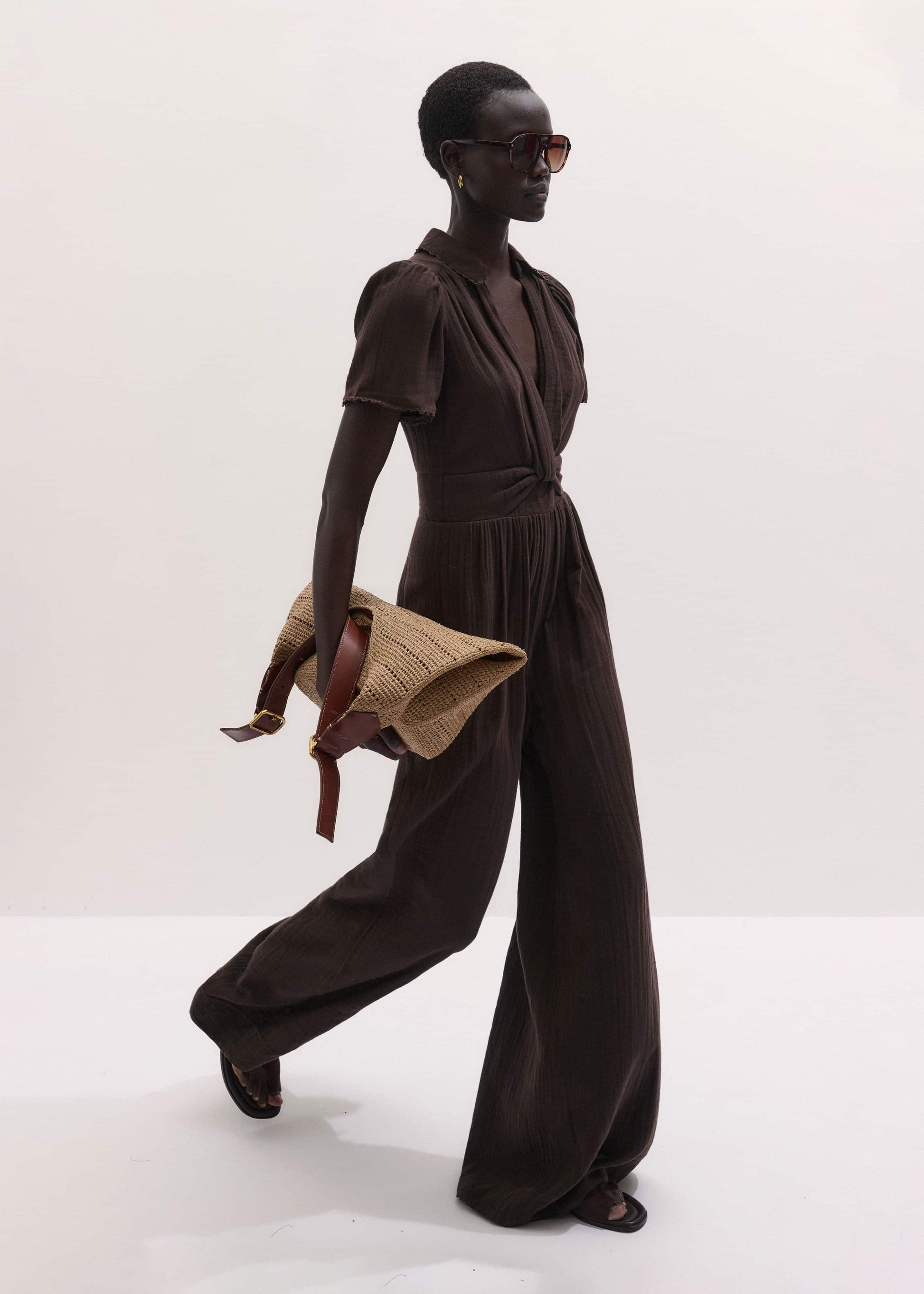ME and EM Clothing Brown Twisted Front Cheesecloth Jumpsuit