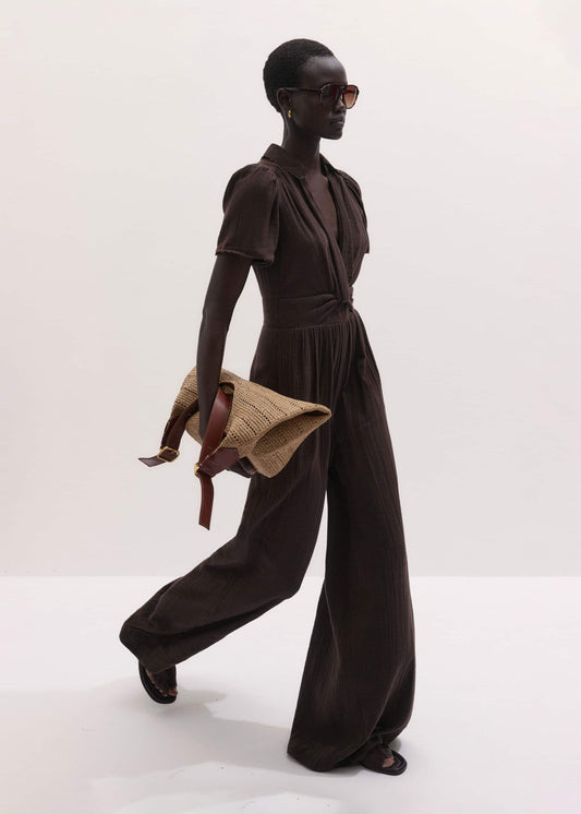ME and EM Clothing Brown Twisted Front Cheesecloth Jumpsuit
