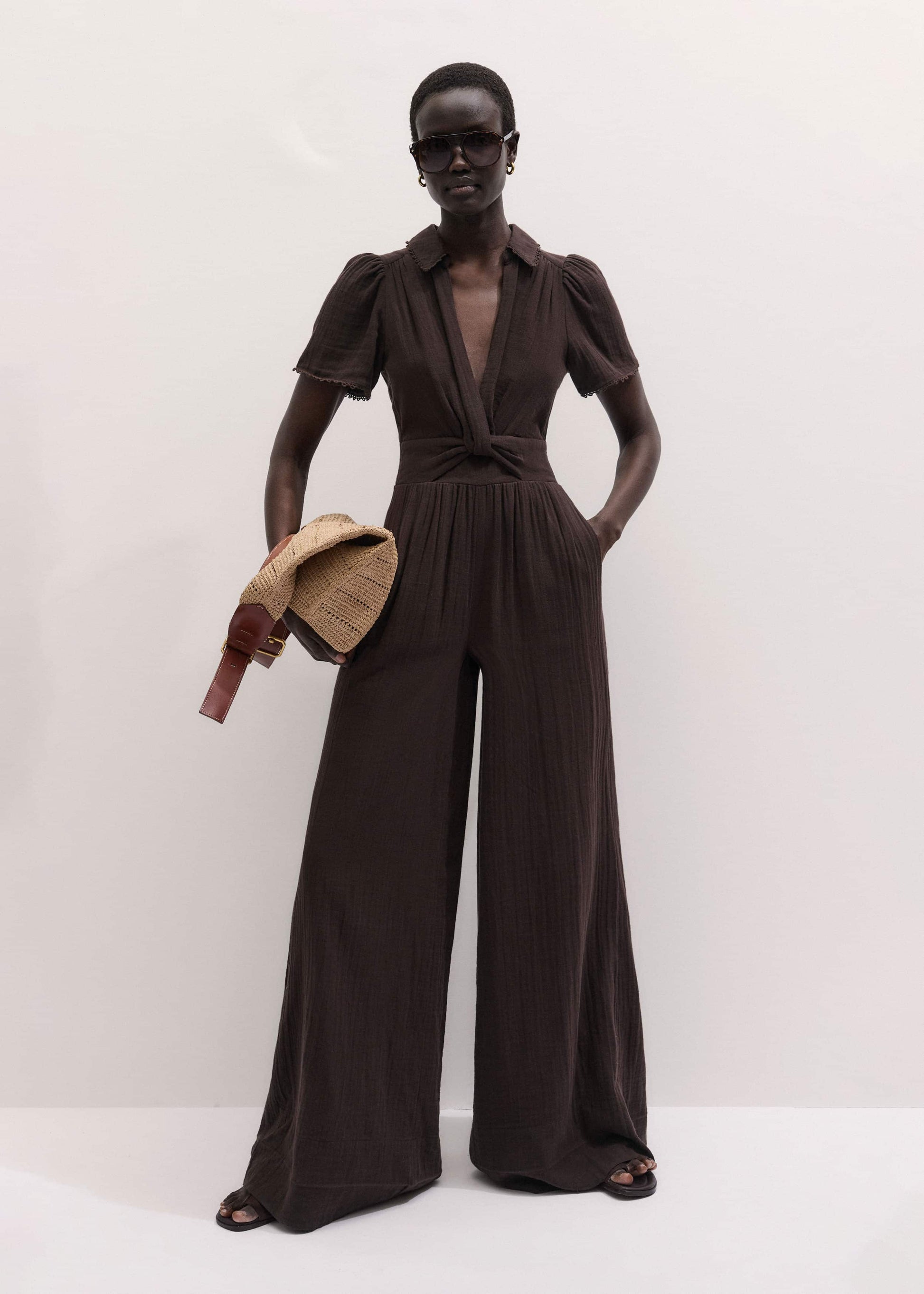 ME and EM Clothing Brown Twisted Front Cheesecloth Jumpsuit