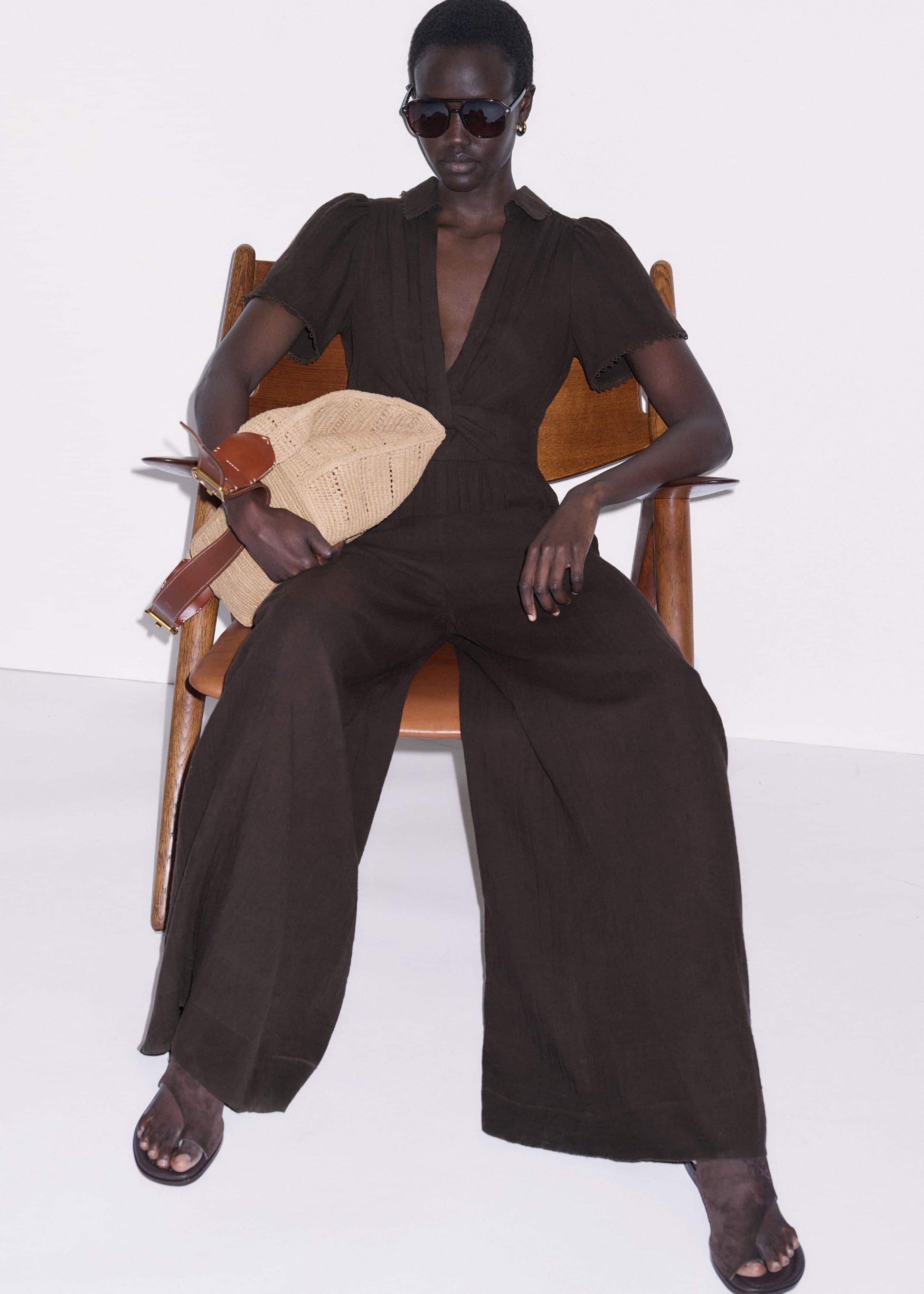 ME and EM Clothing Brown Twisted Front Cheesecloth Jumpsuit