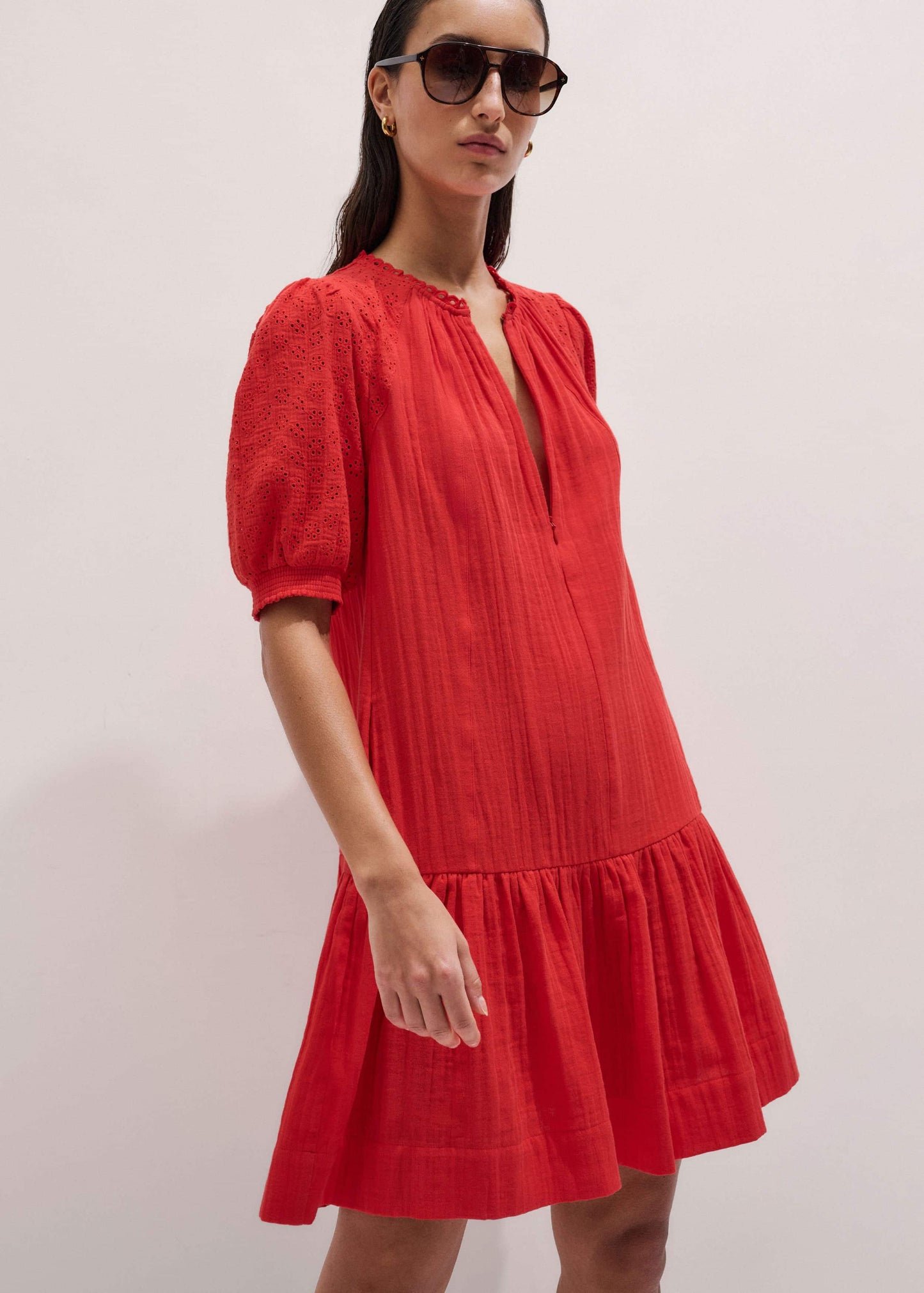 ME and EM Clothing Red Embroidered Cheesecloth Short Dress