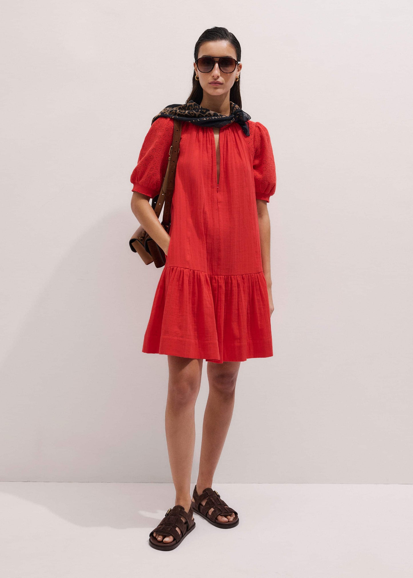 ME and EM Clothing Red Embroidered Cheesecloth Short Dress