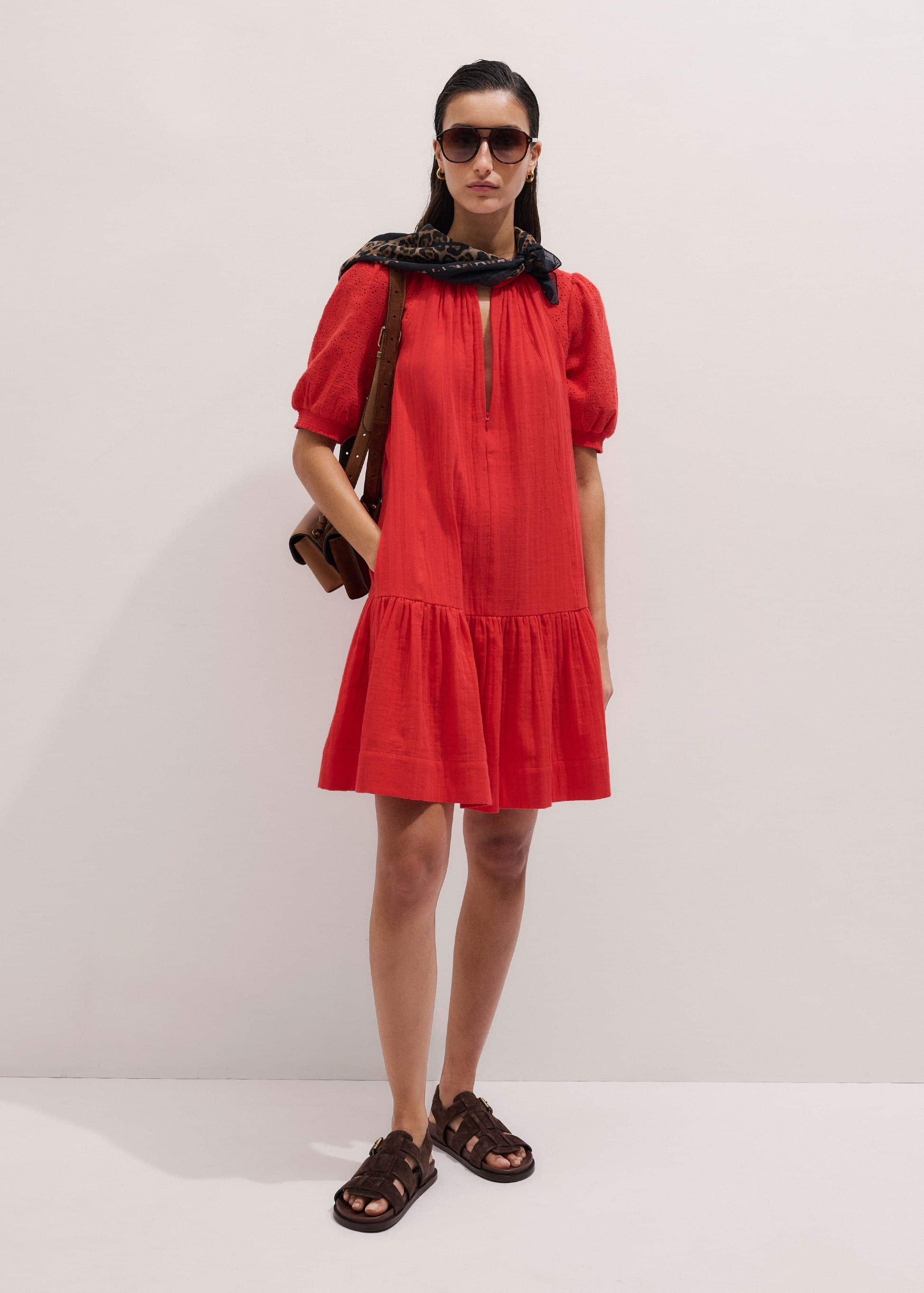 ME and EM Clothing Red Embroidered Cheesecloth Short Dress