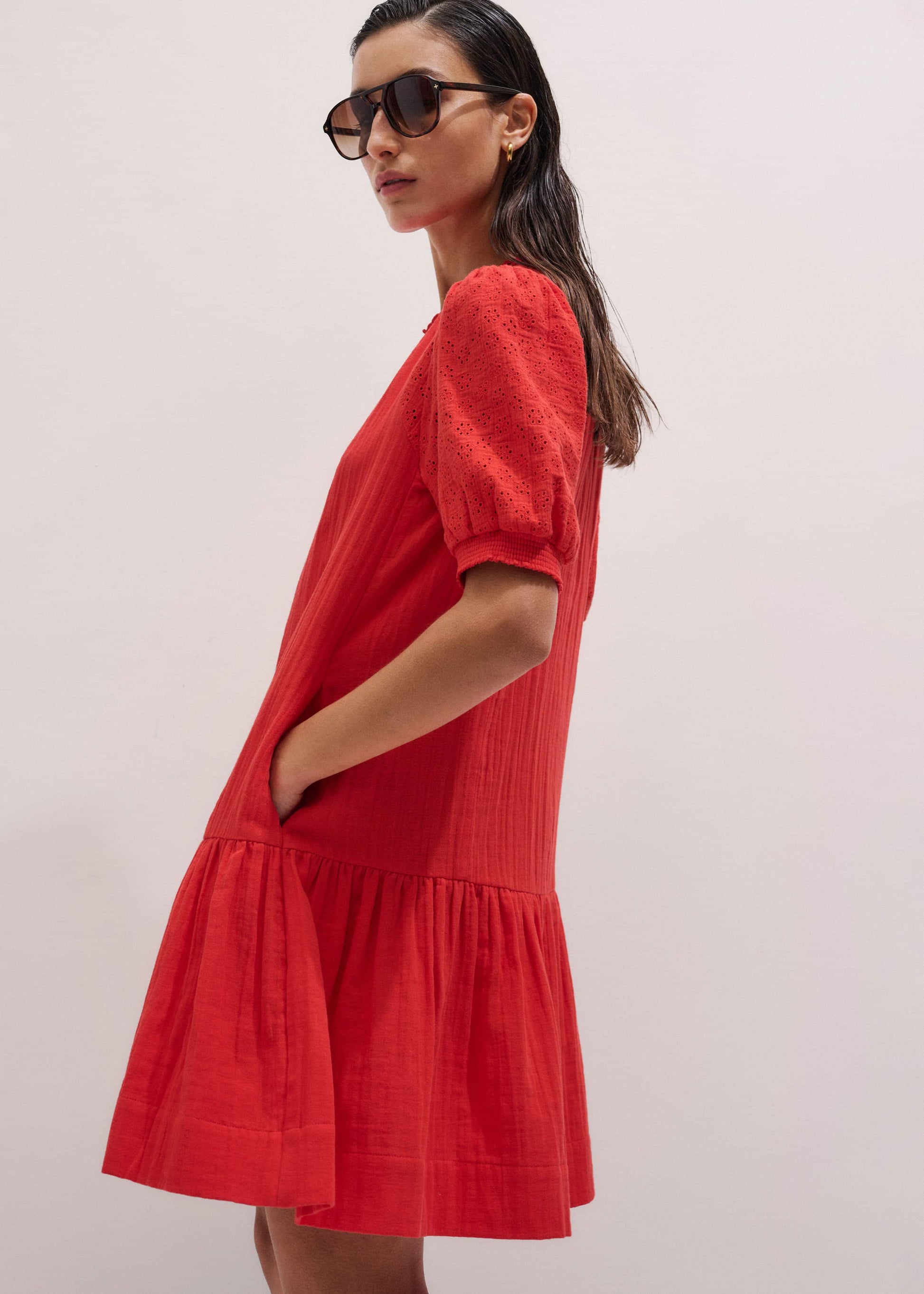 ME and EM Clothing Red Embroidered Cheesecloth Short Dress
