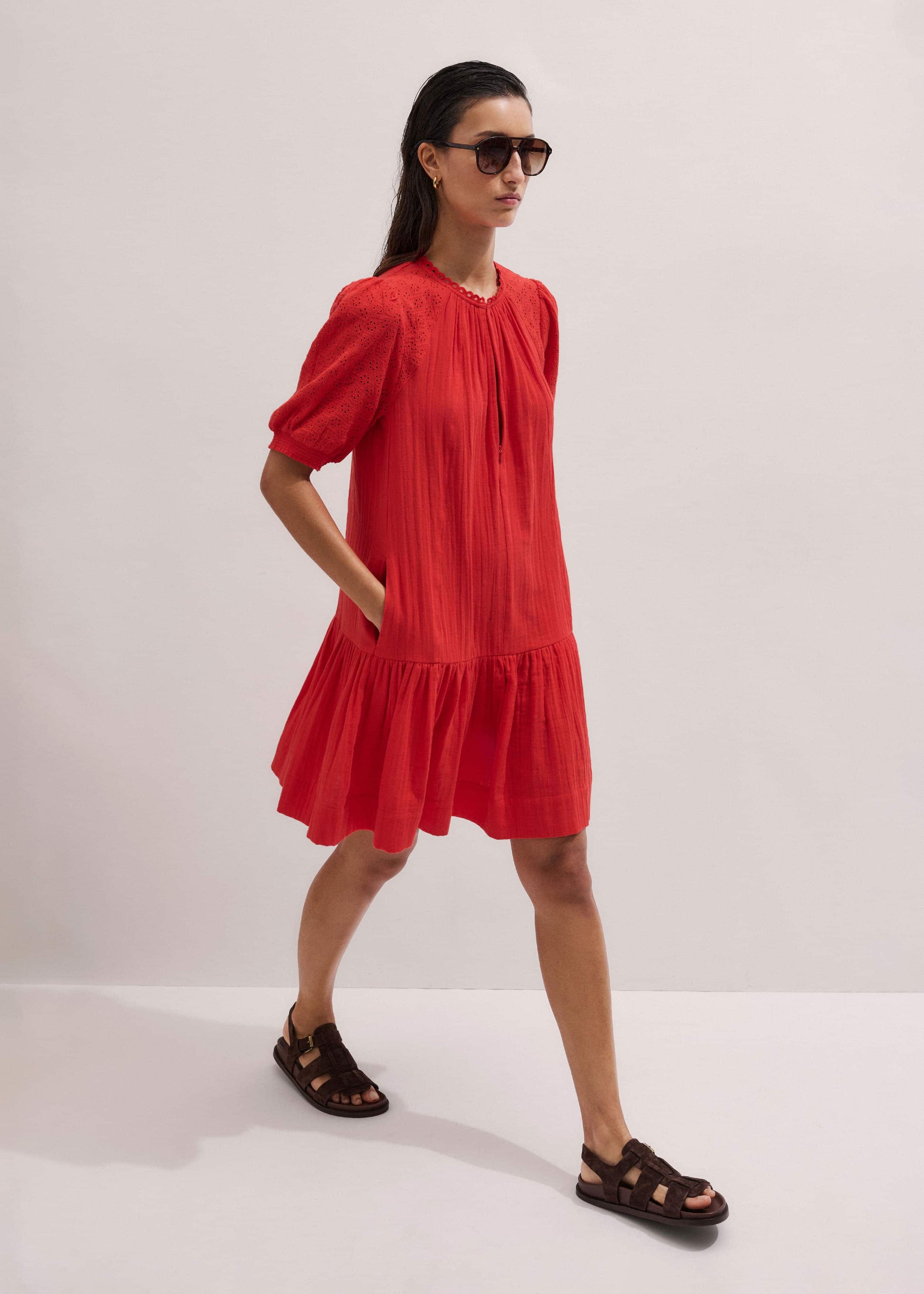 ME and EM Clothing Red Embroidered Cheesecloth Short Dress