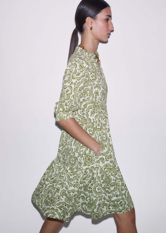 ME and EM Clothing Green Entangled Lace Print Tiered Short Dress