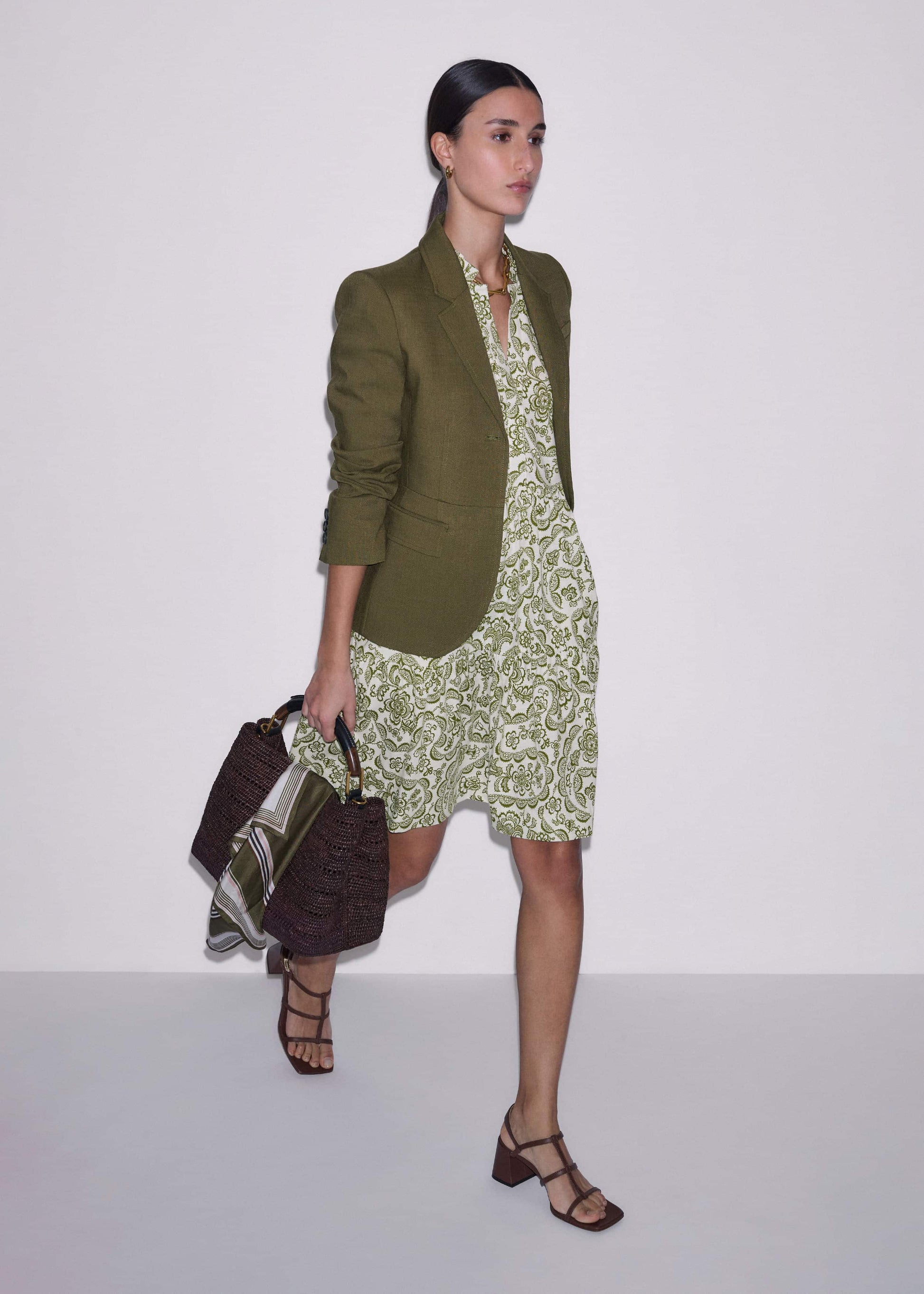 ME and EM Clothing Green Entangled Lace Print Tiered Short Dress