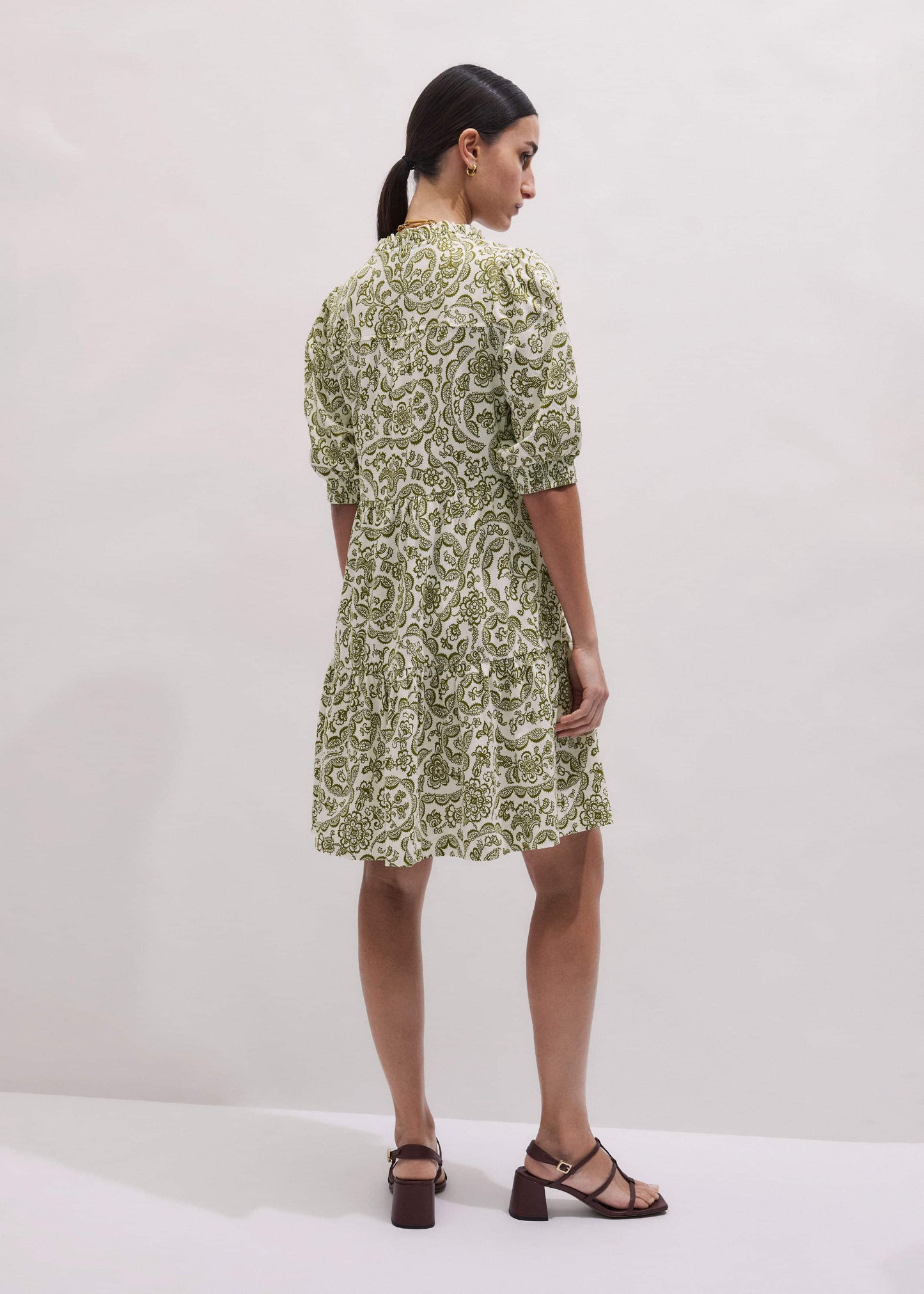 ME and EM Clothing Green Entangled Lace Print Tiered Short Dress