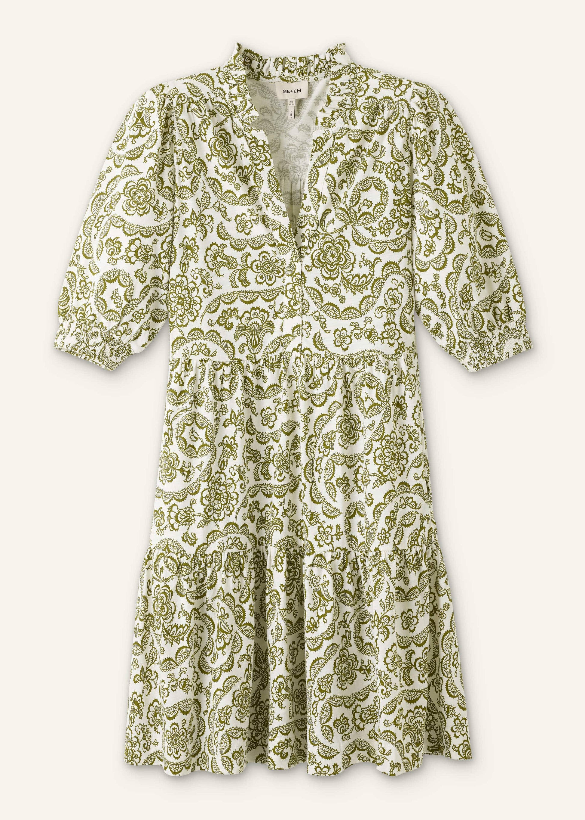 ME and EM Clothing Green Entangled Lace Print Tiered Short Dress
