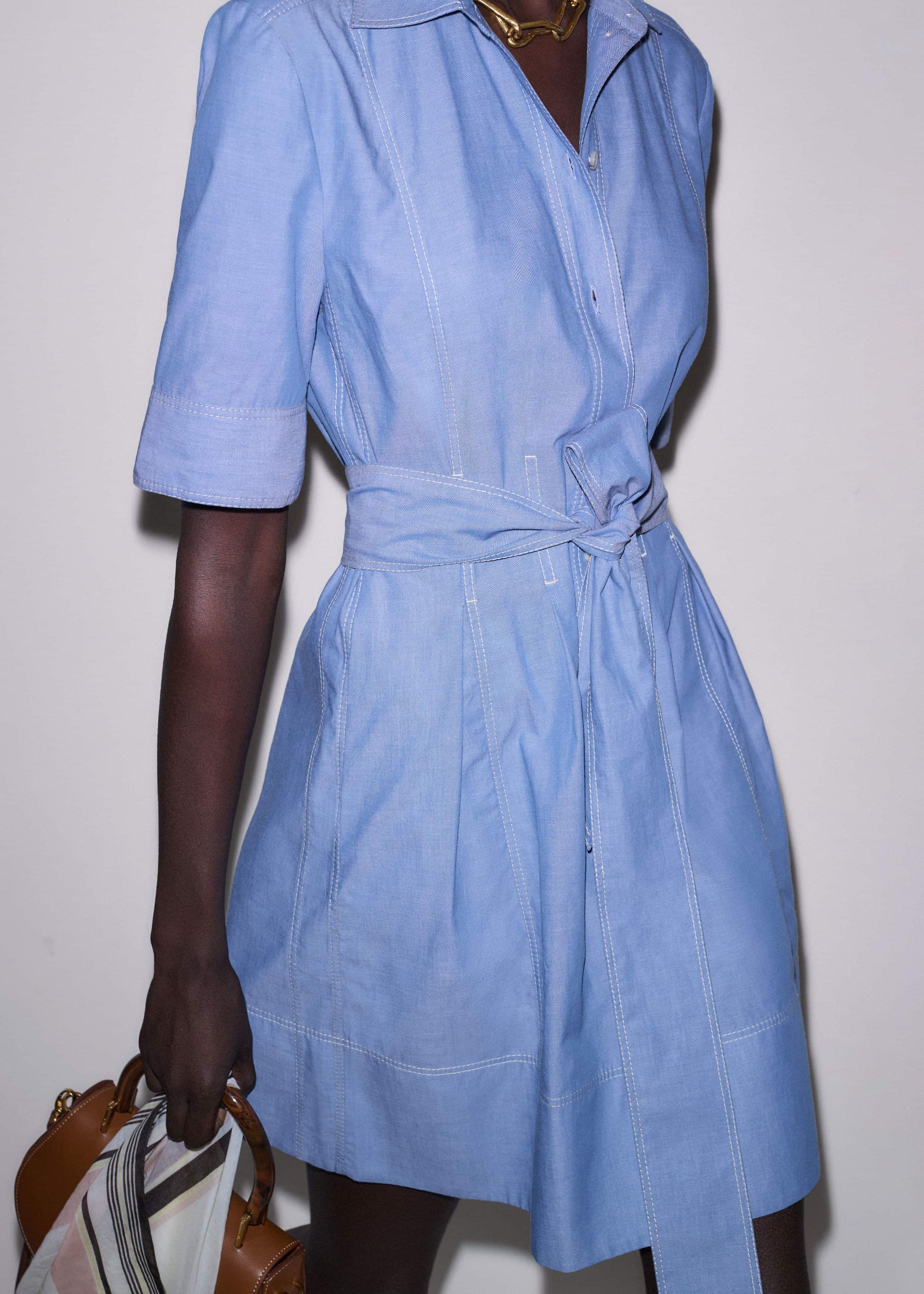 ME and EM Clothing Blue Cotton Chambray Mini Shirt Dress