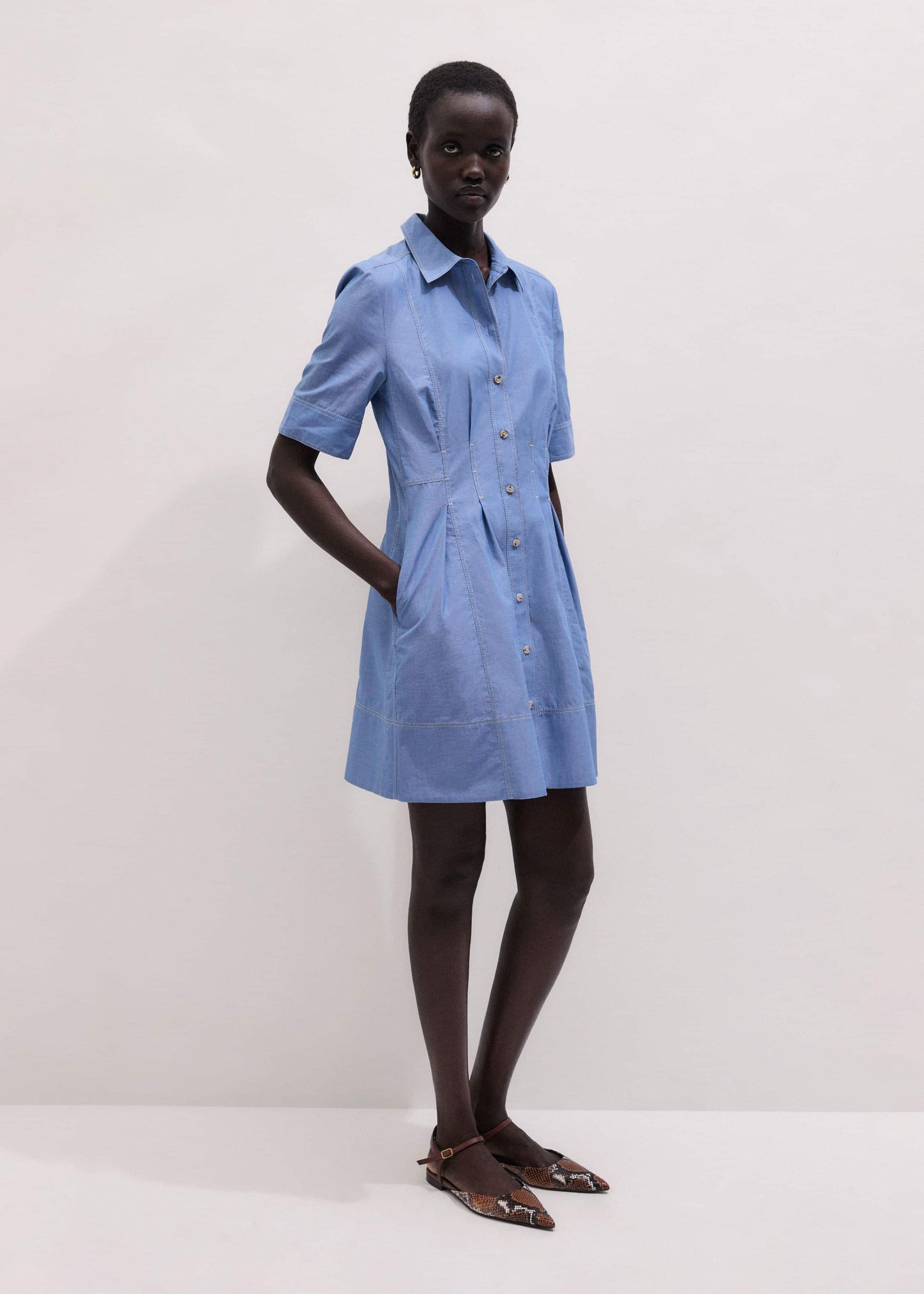 ME and EM Clothing Blue Cotton Chambray Mini Shirt Dress