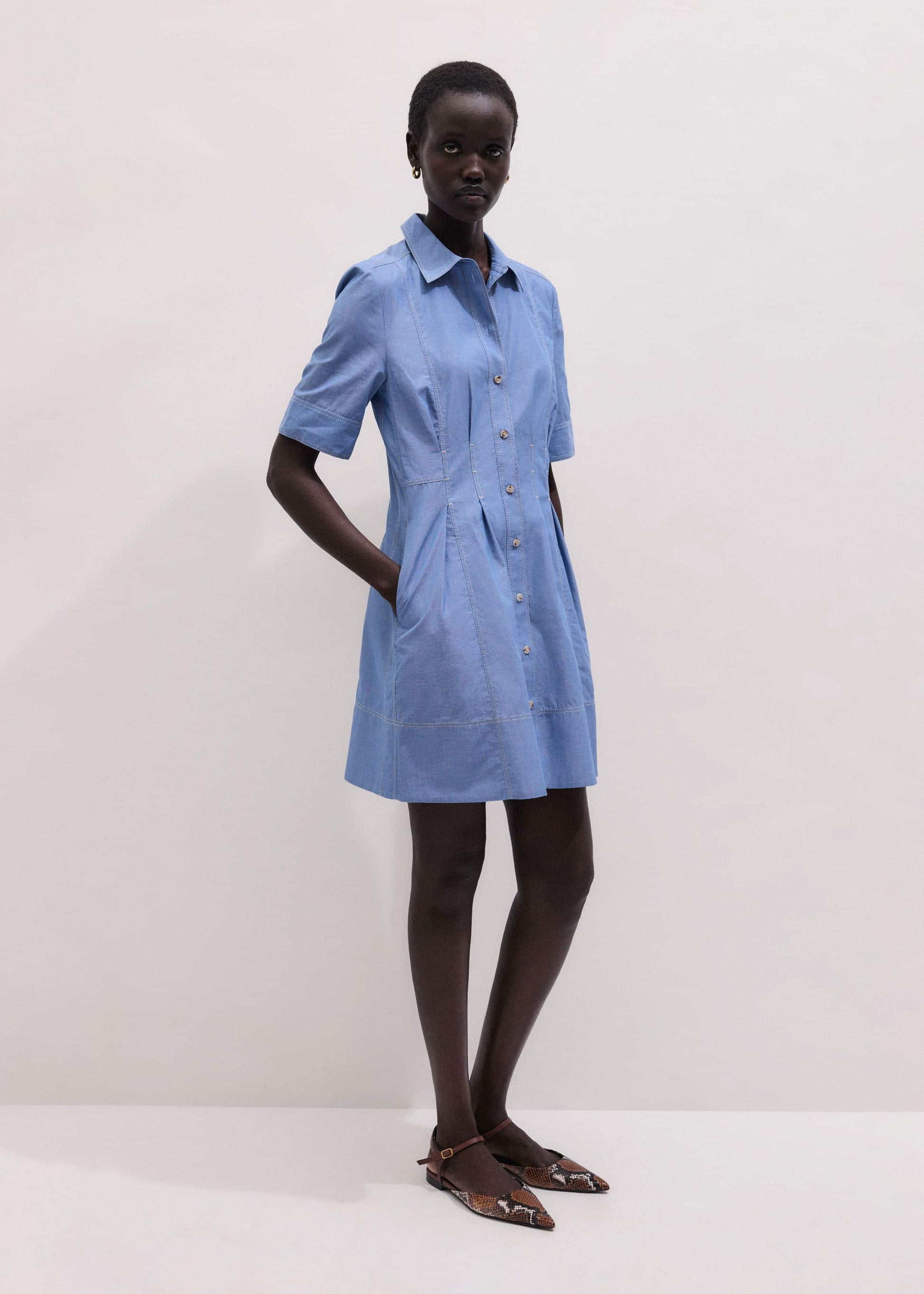 ME and EM Clothing Blue Cotton Chambray Mini Shirt Dress