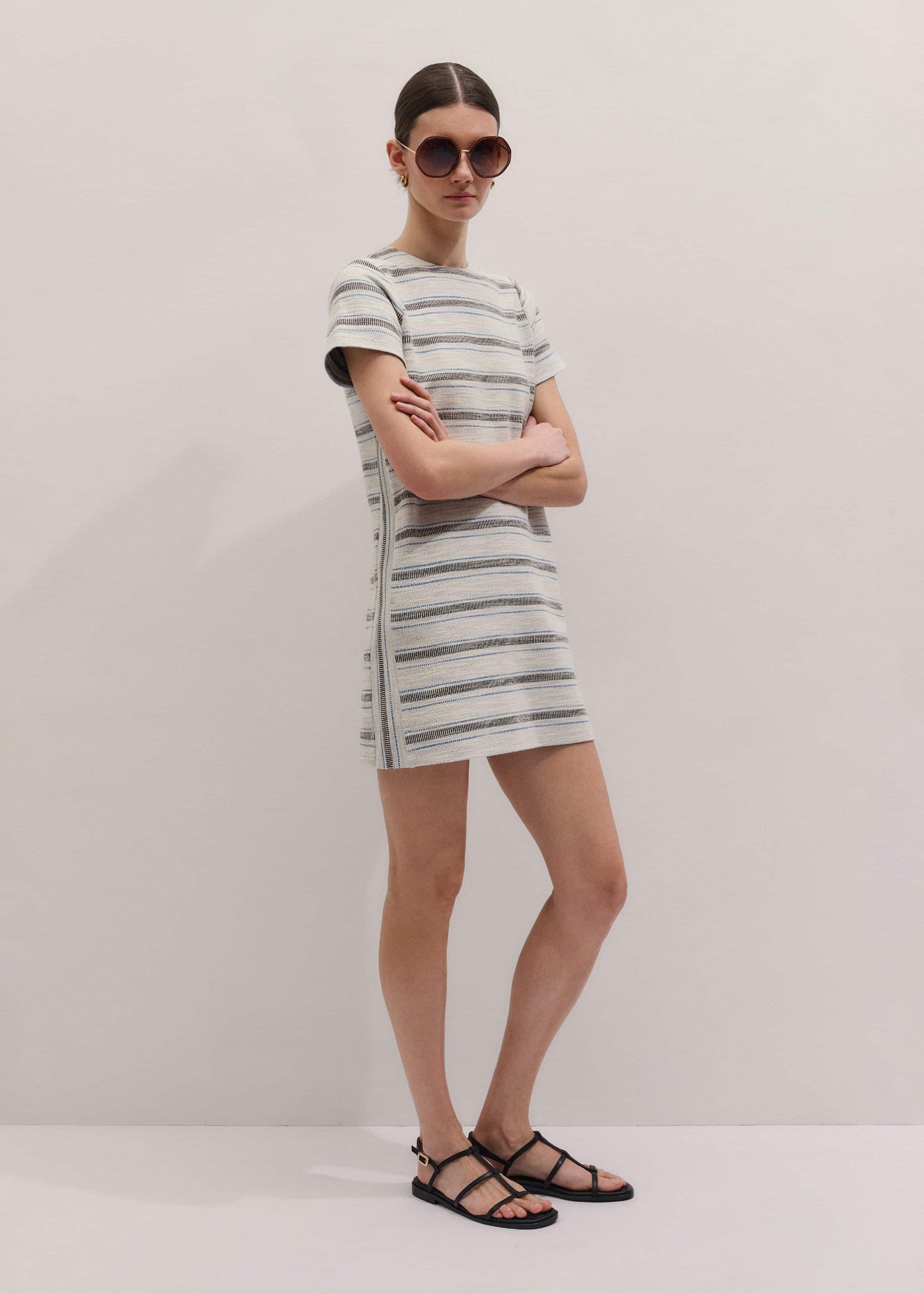 ME and EM Clothing Cream Striped A-Line Mini Dress