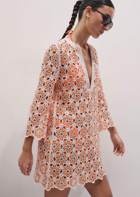 ME and EM Clothing Orange Floral Crochet Mini Beach Dress