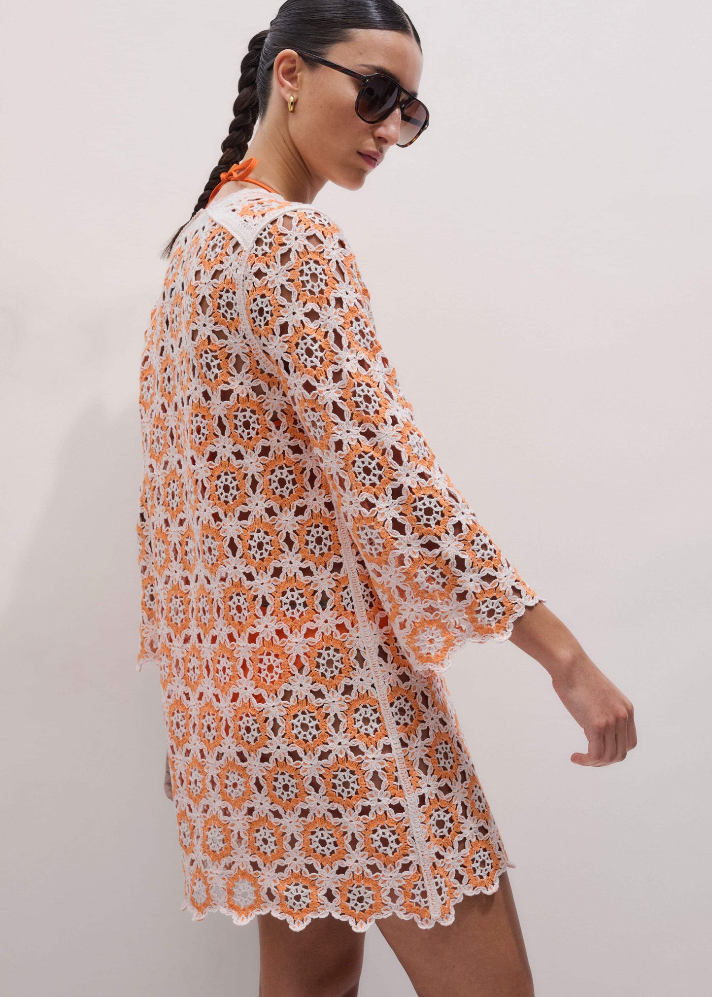 ME and EM Clothing Orange Floral Crochet Mini Beach Dress