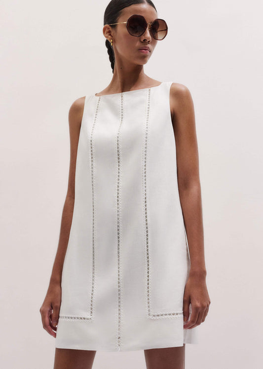 ME and EM Clothing White Crease-Less Linen Embroidered Midi Dress