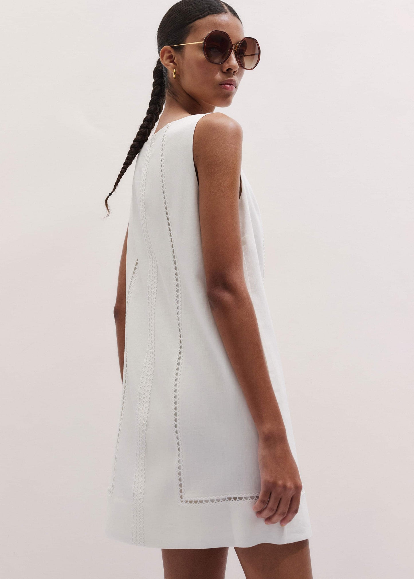 ME and EM Clothing White Crease-Less Linen Embroidered Midi Dress