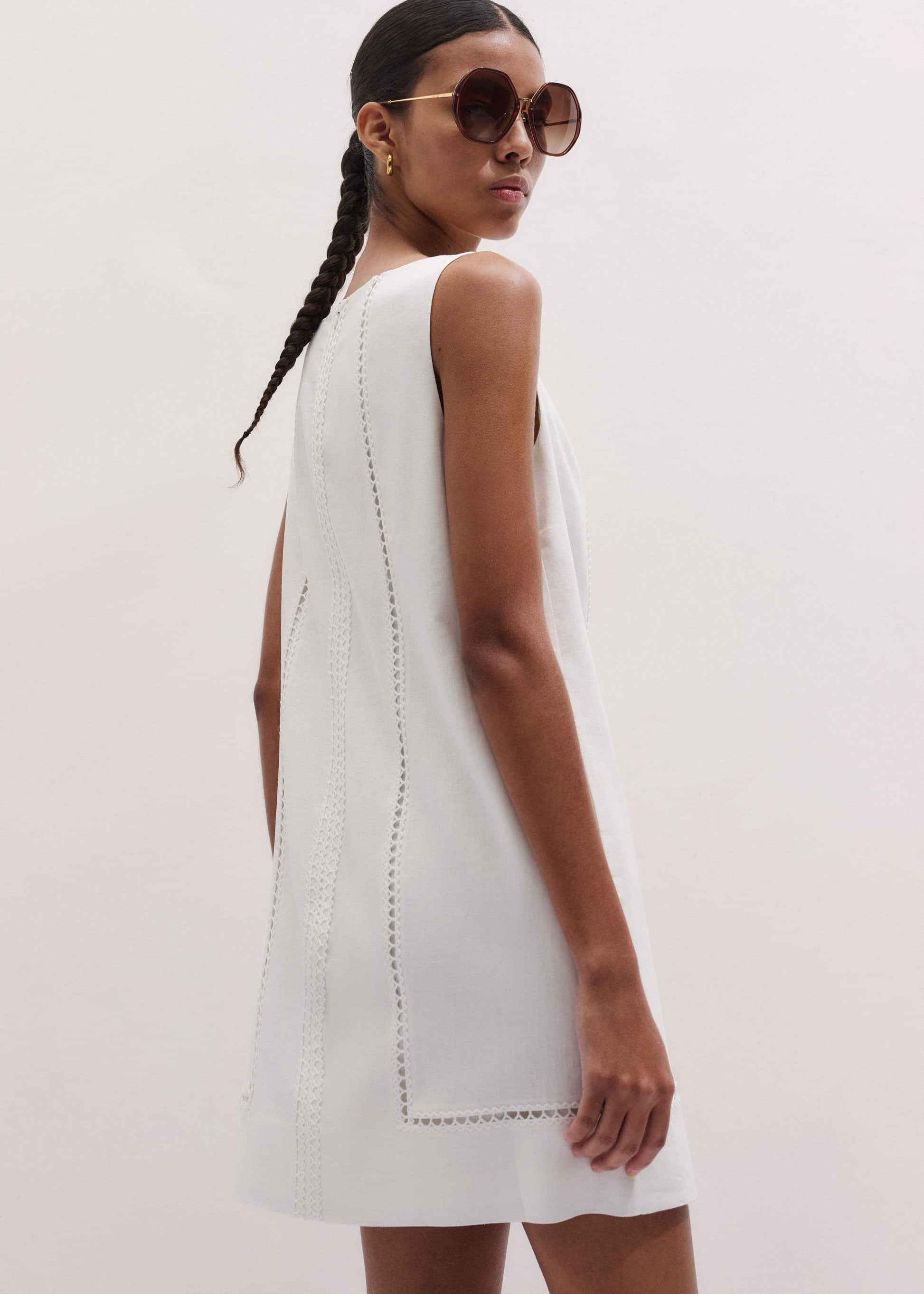 ME and EM Clothing White Crease-Less Linen Embroidered Midi Dress