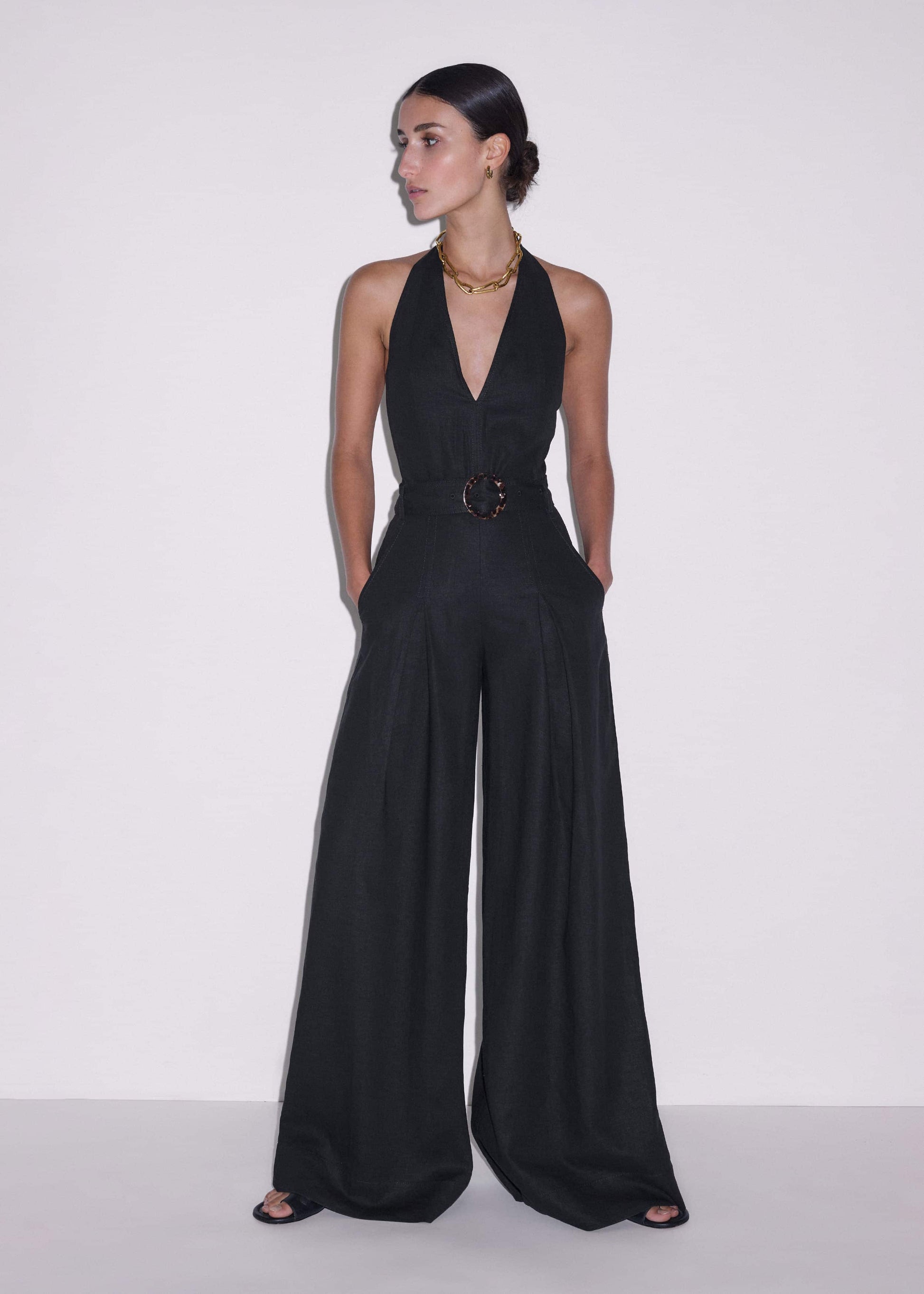 ME and EM Clothing Black Crease-Less Linen Halterneck Wide Jumpsuit