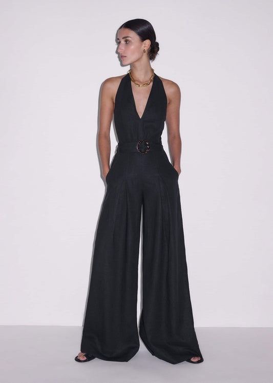 ME and EM Clothing Black Crease-Less Linen Halterneck Wide Jumpsuit