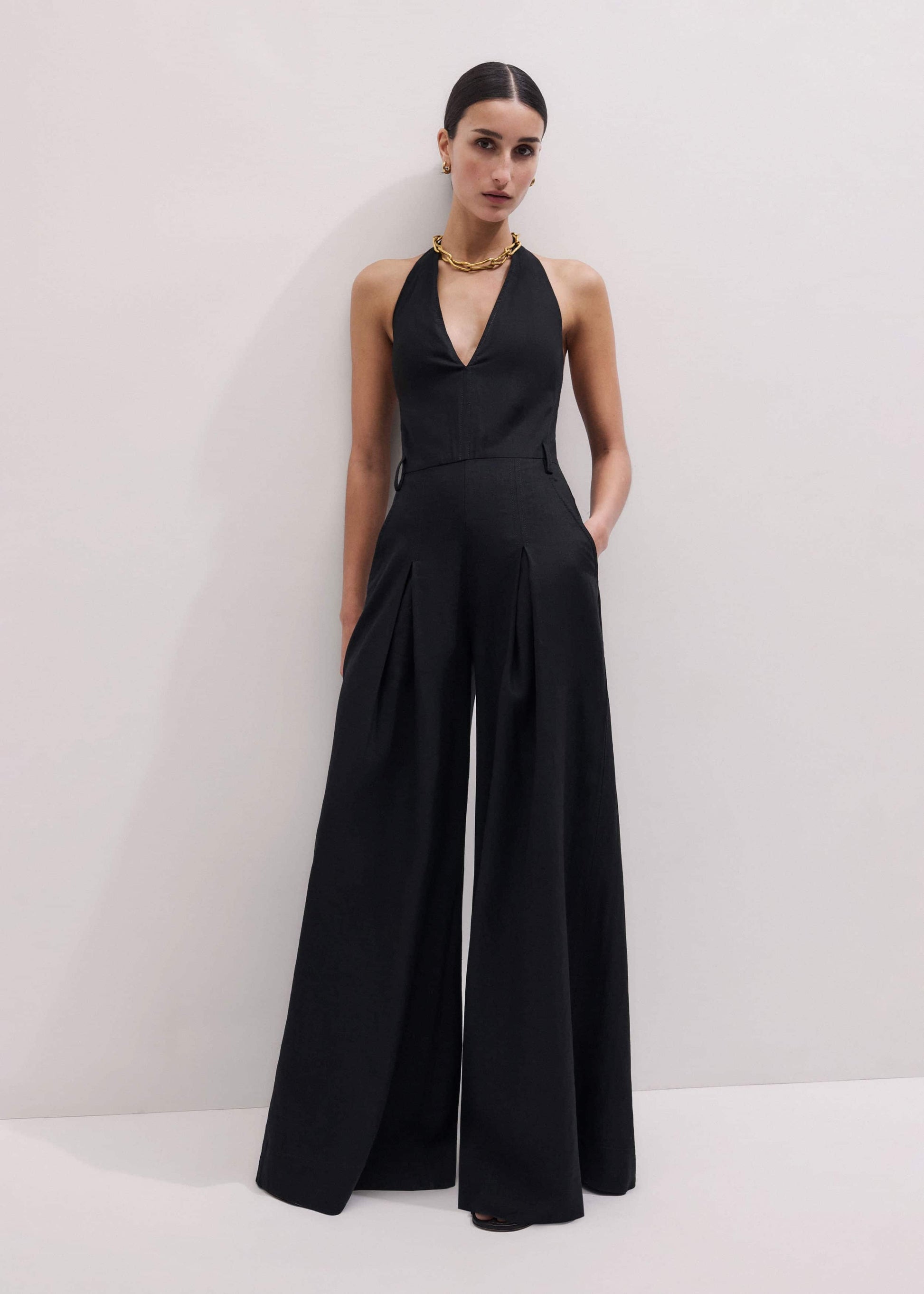 ME and EM Clothing Black Crease-Less Linen Halterneck Wide Jumpsuit
