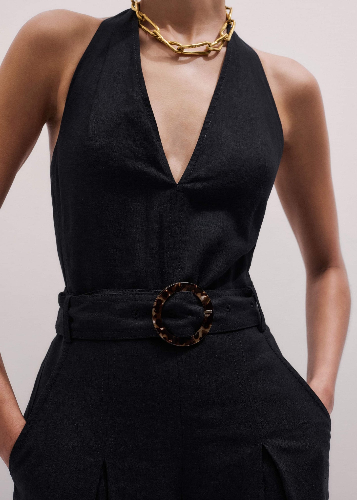 ME and EM Clothing Black Crease-Less Linen Halterneck Wide Jumpsuit