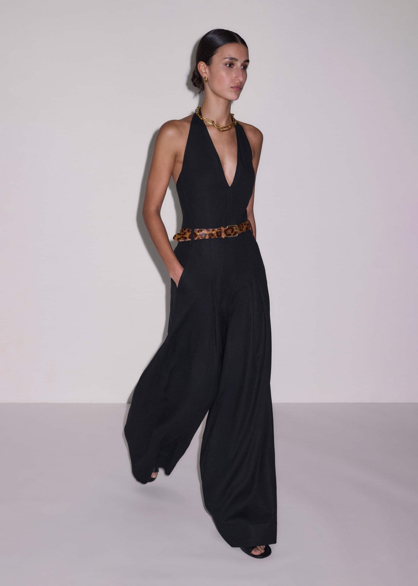 ME and EM Clothing Black Crease-Less Linen Halterneck Wide Jumpsuit