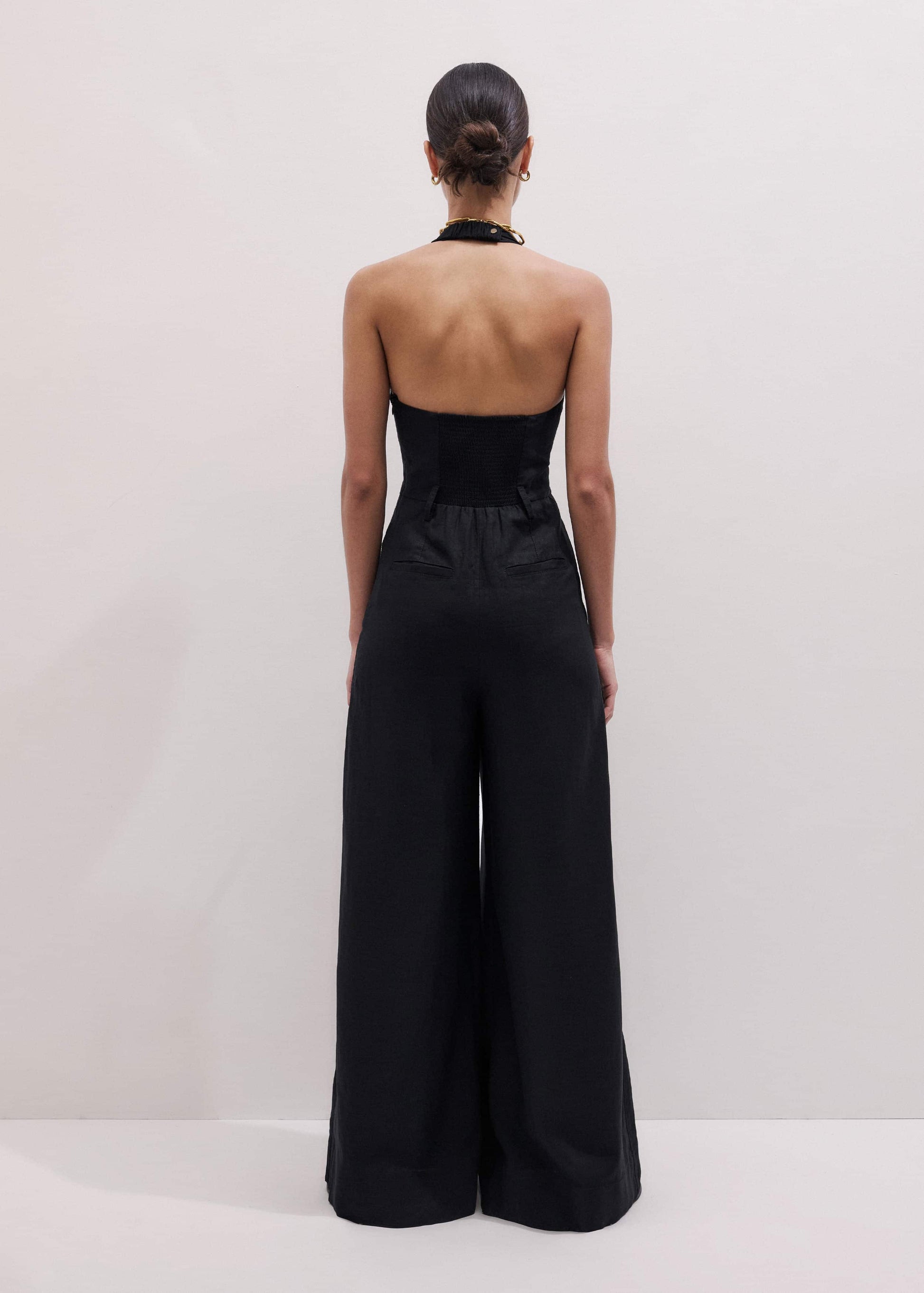 ME and EM Clothing Black Crease-Less Linen Halterneck Wide Jumpsuit