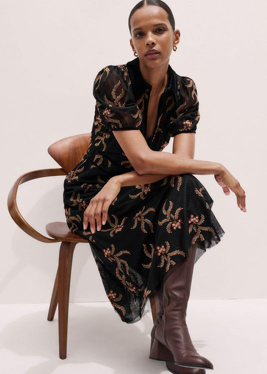 ME and EM Clothing Black Autumn Floral Embroidery Maxi Dress