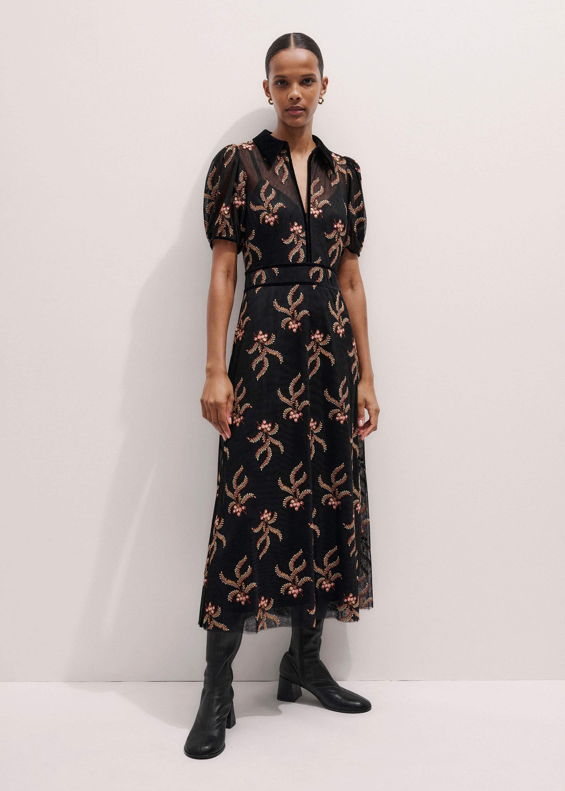 ME and EM Clothing Black Autumn Floral Embroidery Maxi Dress