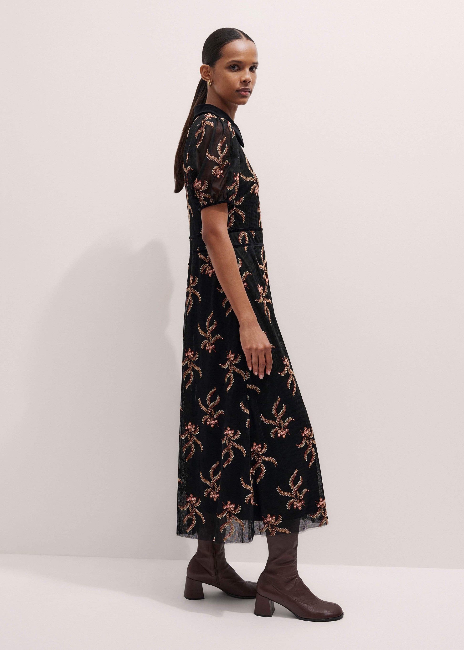ME and EM Clothing Black Autumn Floral Embroidery Maxi Dress