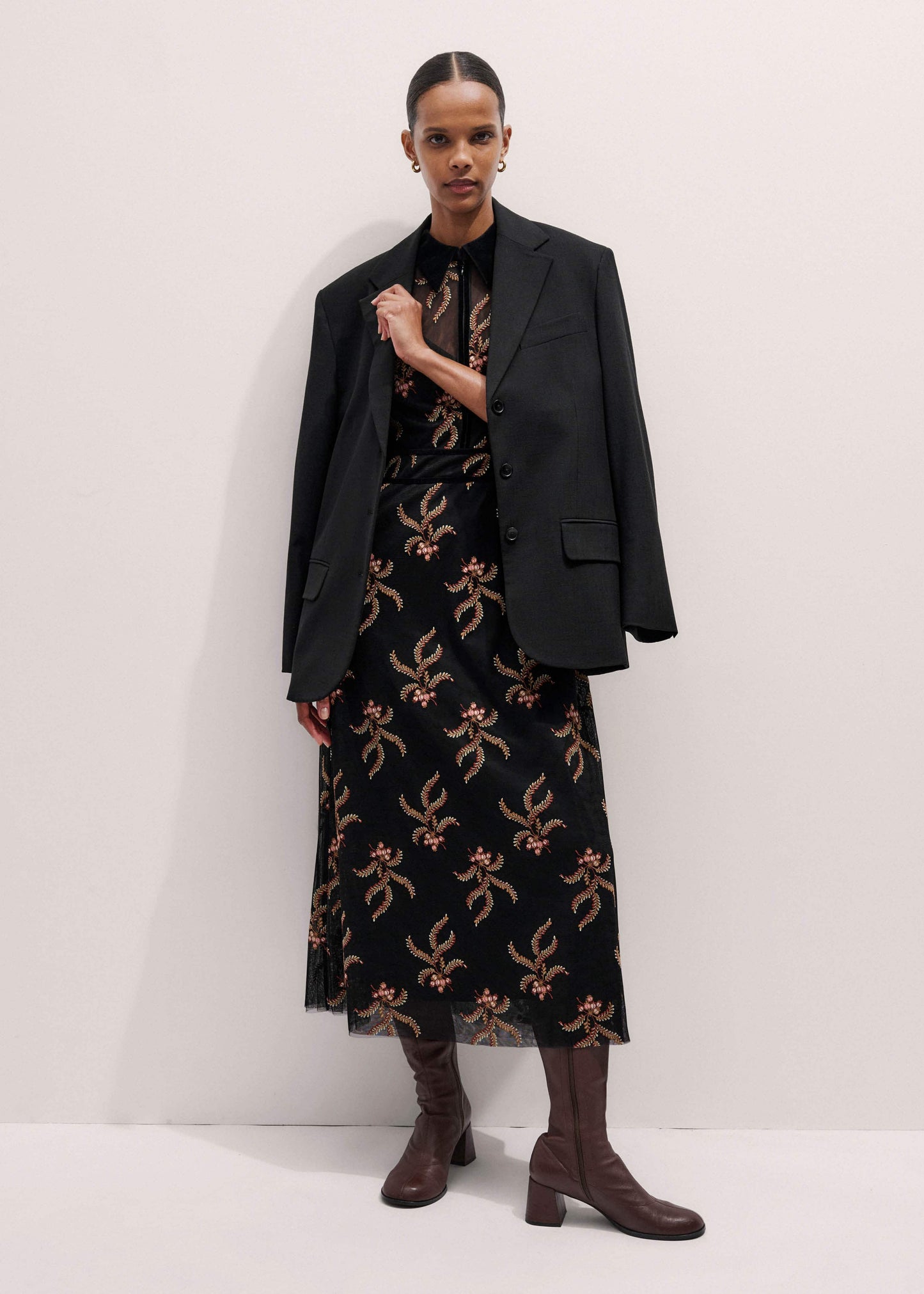 ME and EM Clothing Black Autumn Floral Embroidery Maxi Dress