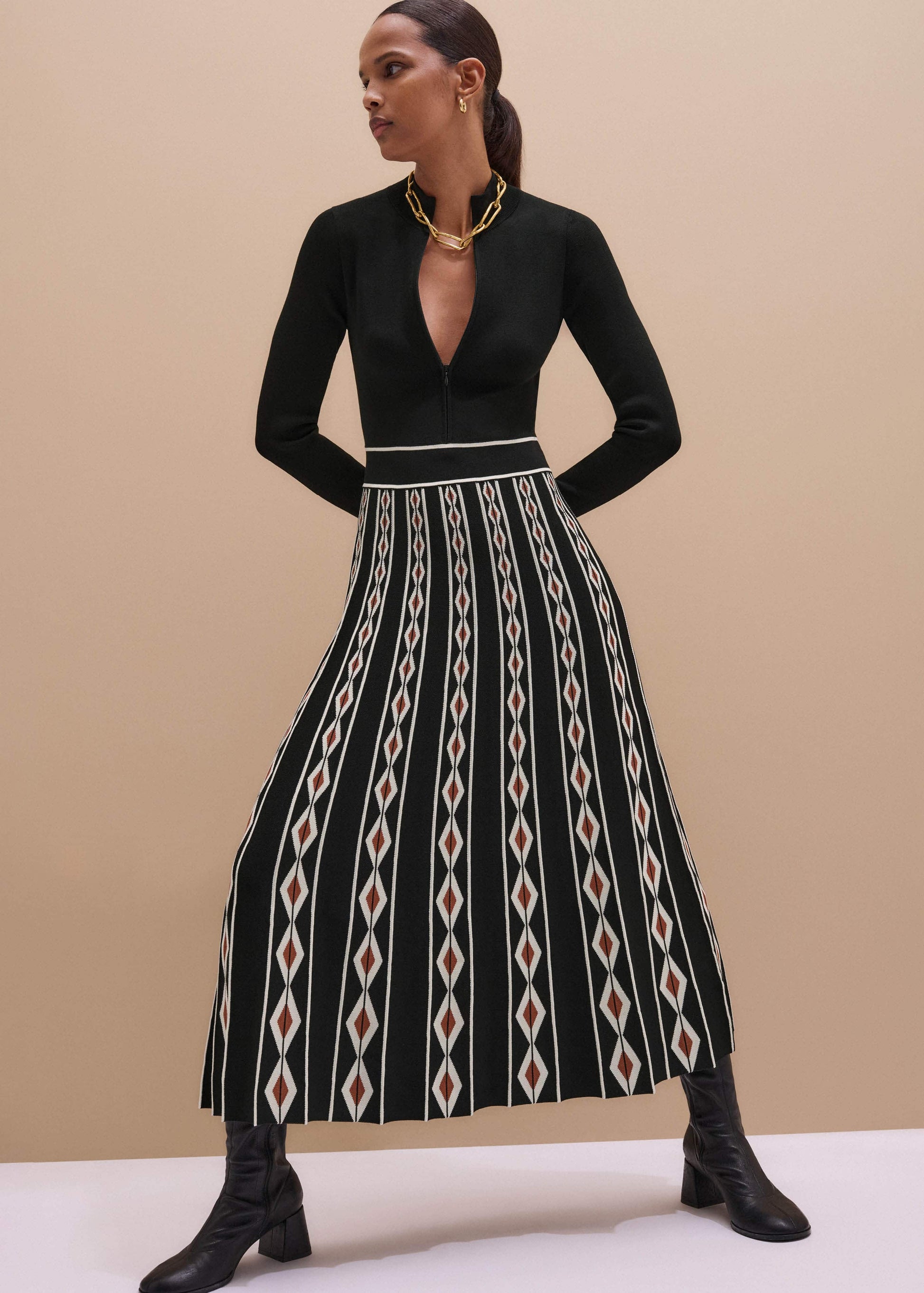 ME and EM Clothing Black Jacquard Half Zip Maxi Dress