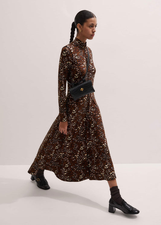 ME and EM Clothing Brown Twisting Feather Print High Neck Maxi Dress