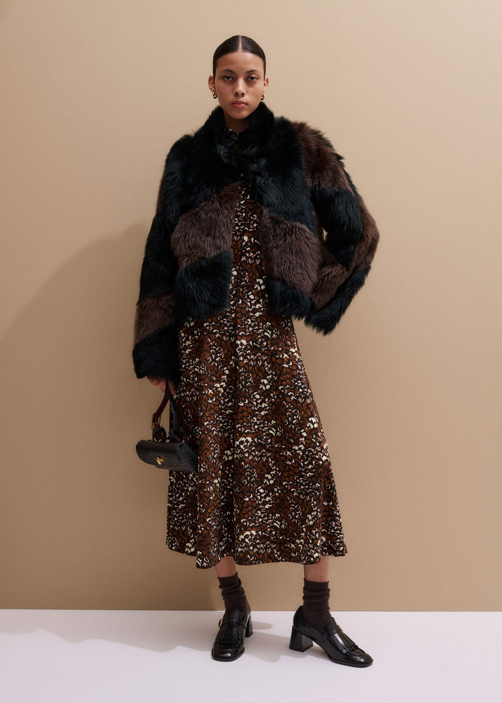 ME and EM Clothing Brown Twisting Feather Print High Neck Maxi Dress