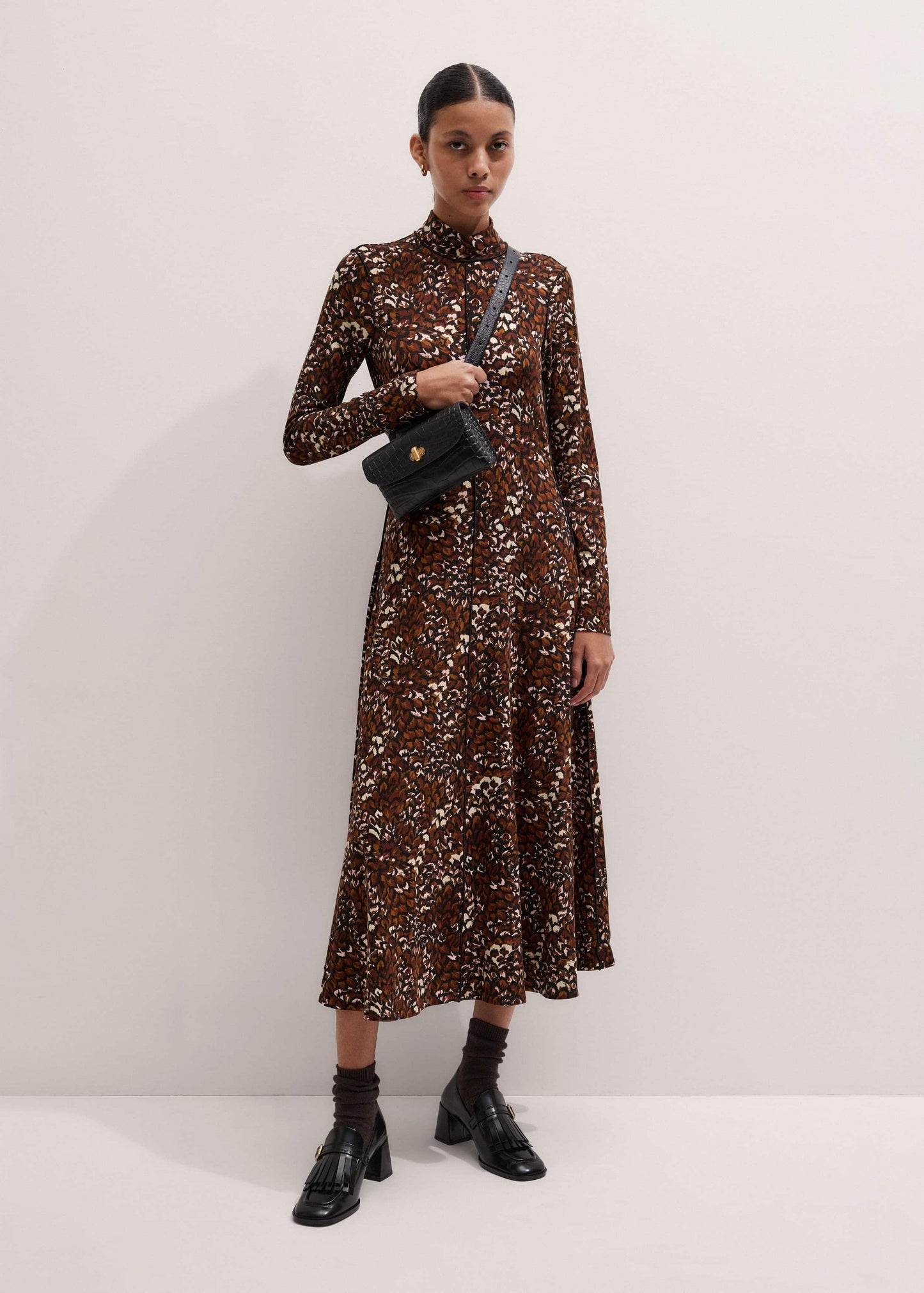 ME and EM Clothing Brown Twisting Feather Print High Neck Maxi Dress