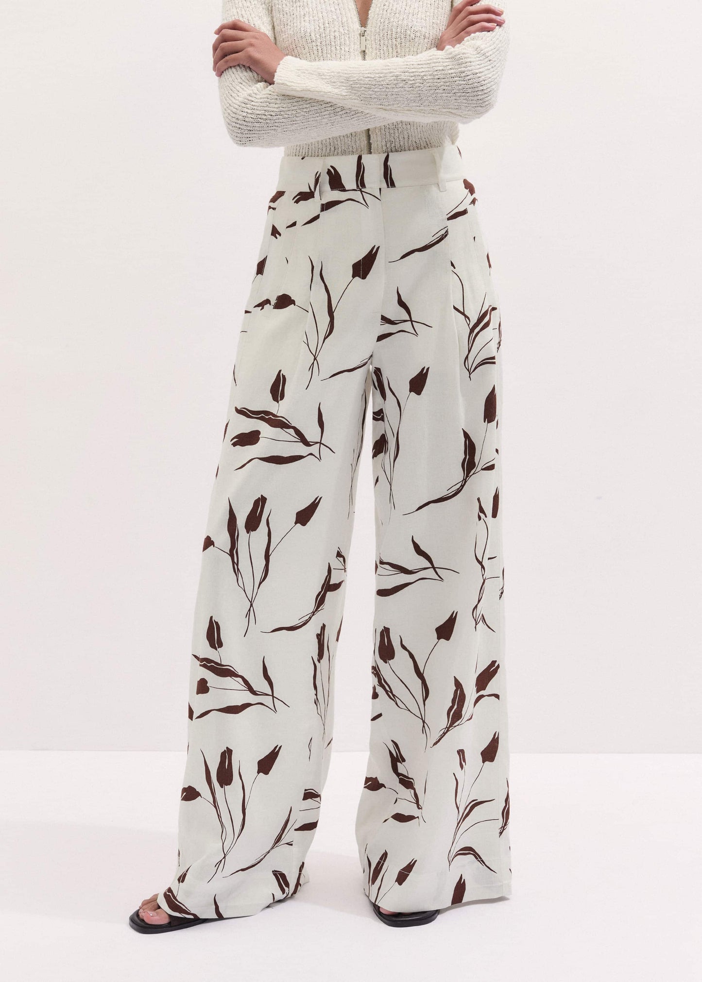 ME and EM Clothing Cream Crease-Less Linen Wide-Leg Pant