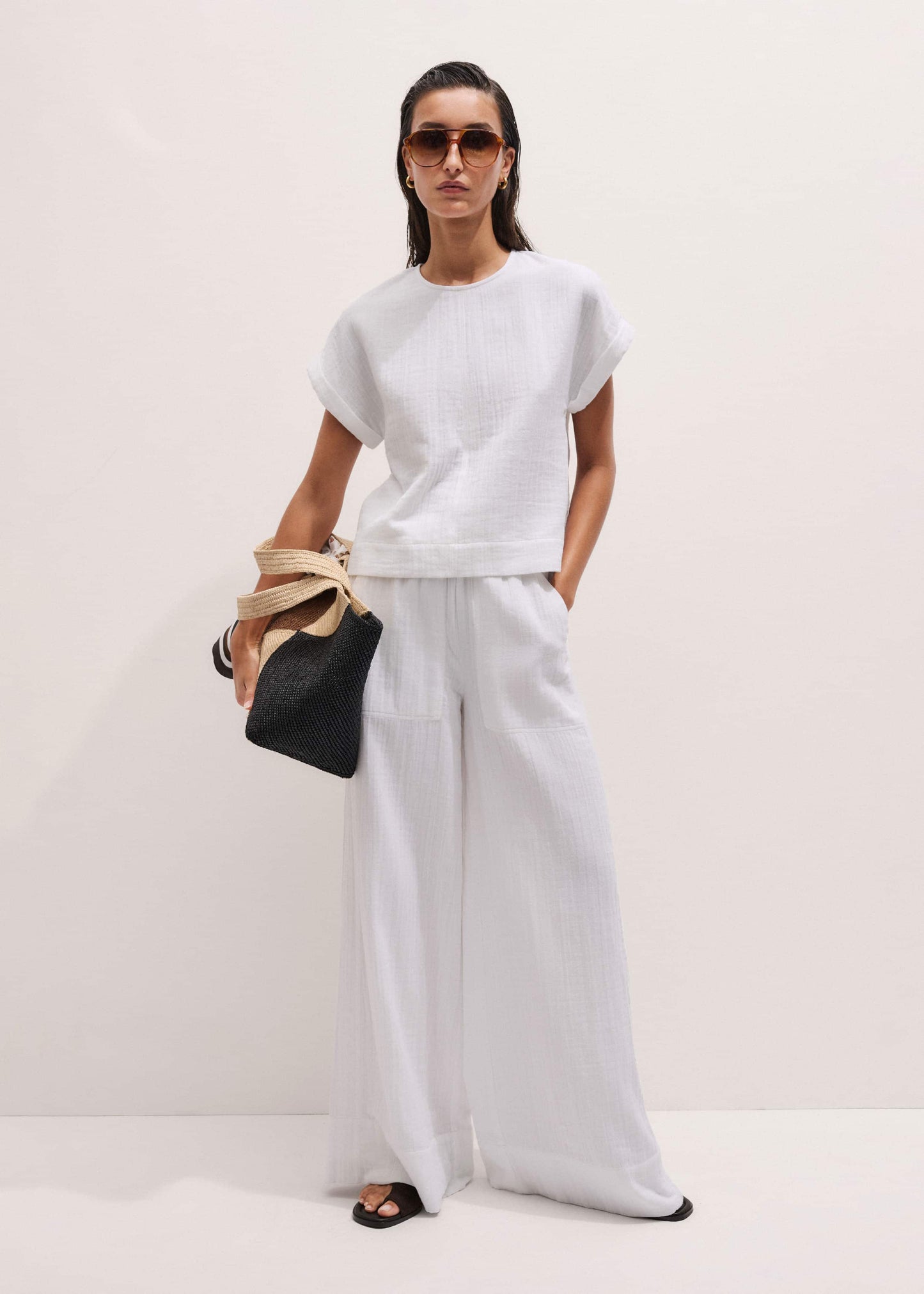 ME and EM Clothing White Cheesecloth Wide-Leg Pant