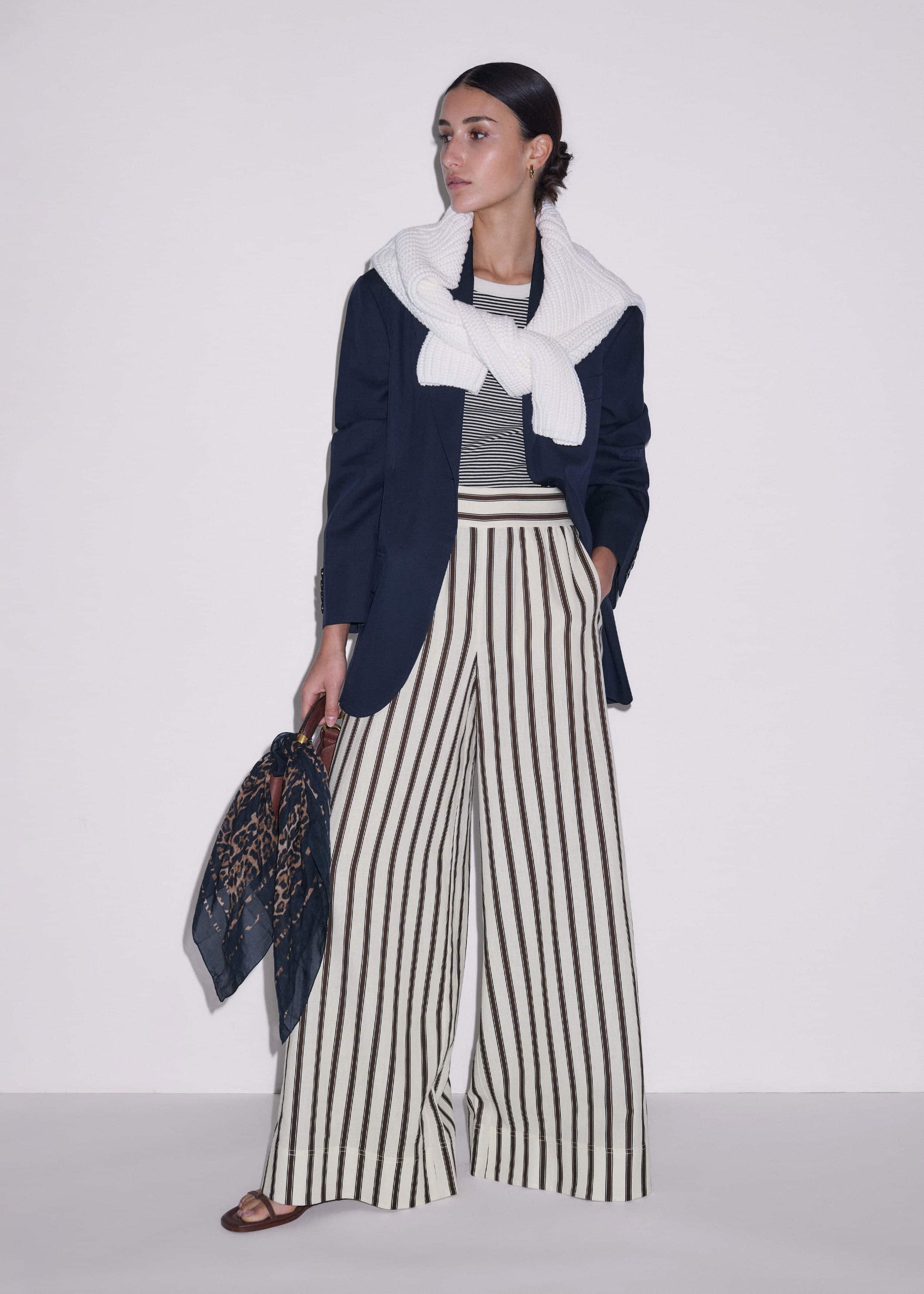 ME and EM Clothing Cream Linen-Blend Spring Stripe Wide-Leg Pant