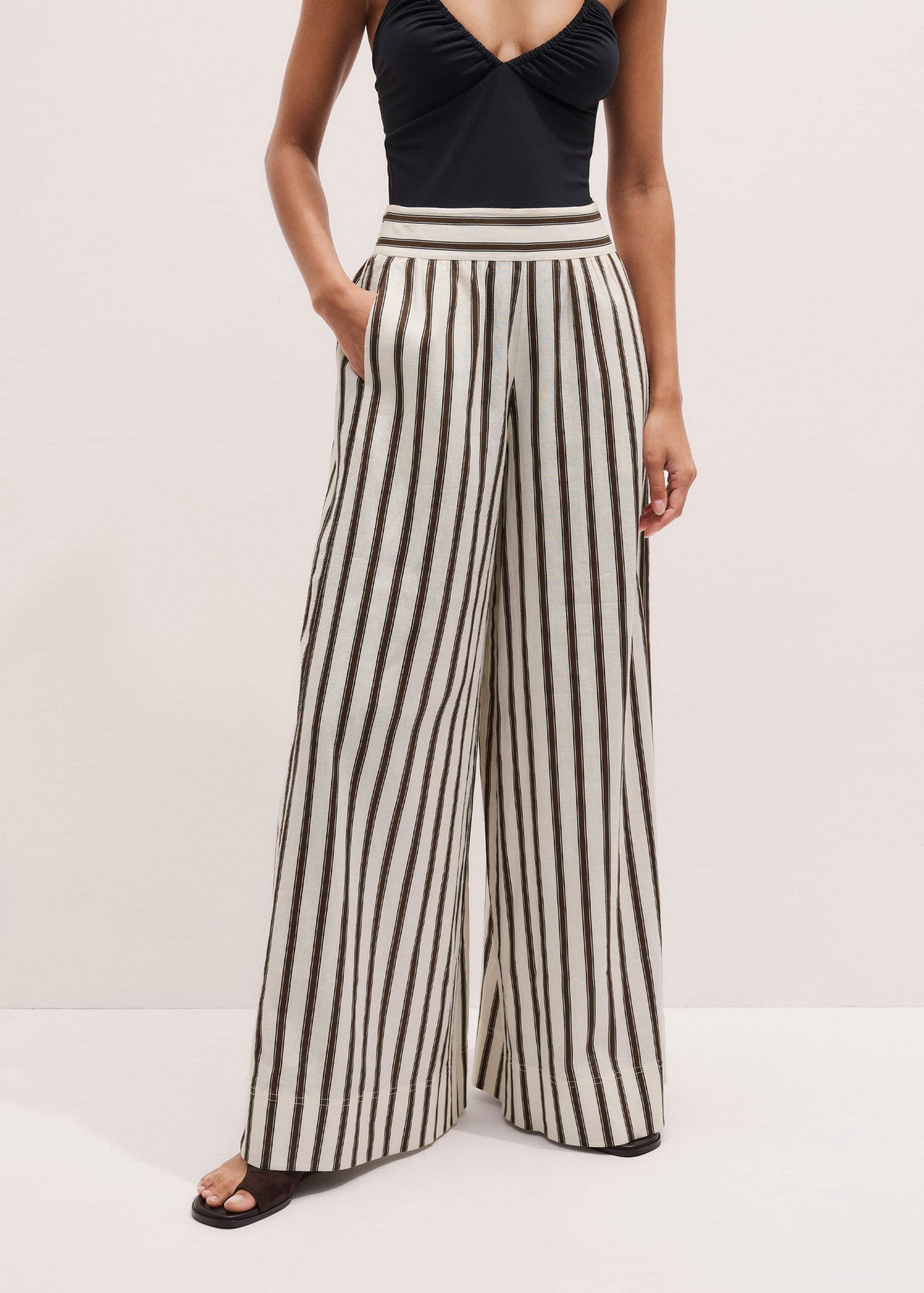 ME and EM Clothing Cream Linen-Blend Spring Stripe Wide-Leg Pant
