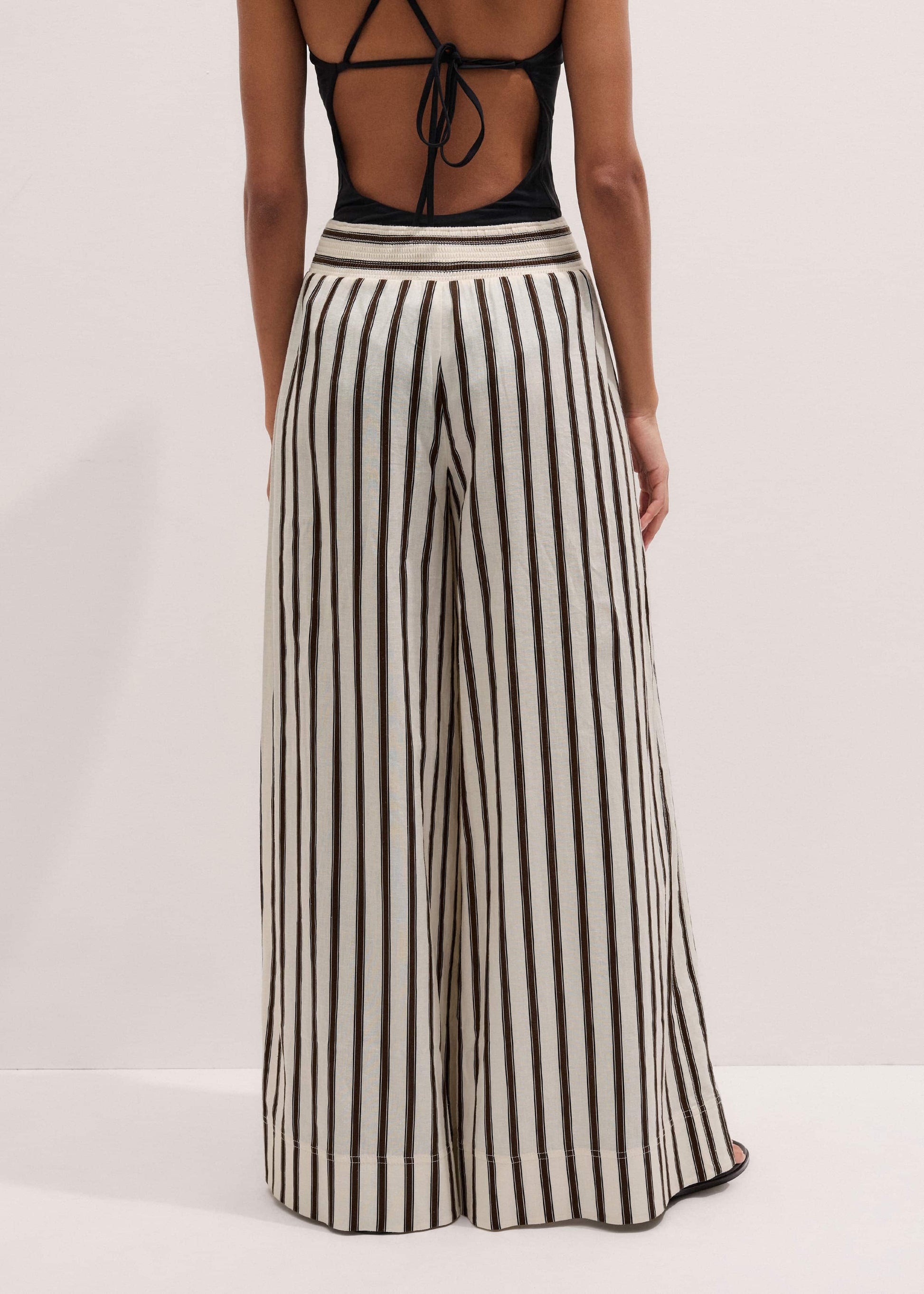 ME and EM Clothing Cream Linen-Blend Spring Stripe Wide-Leg Pant
