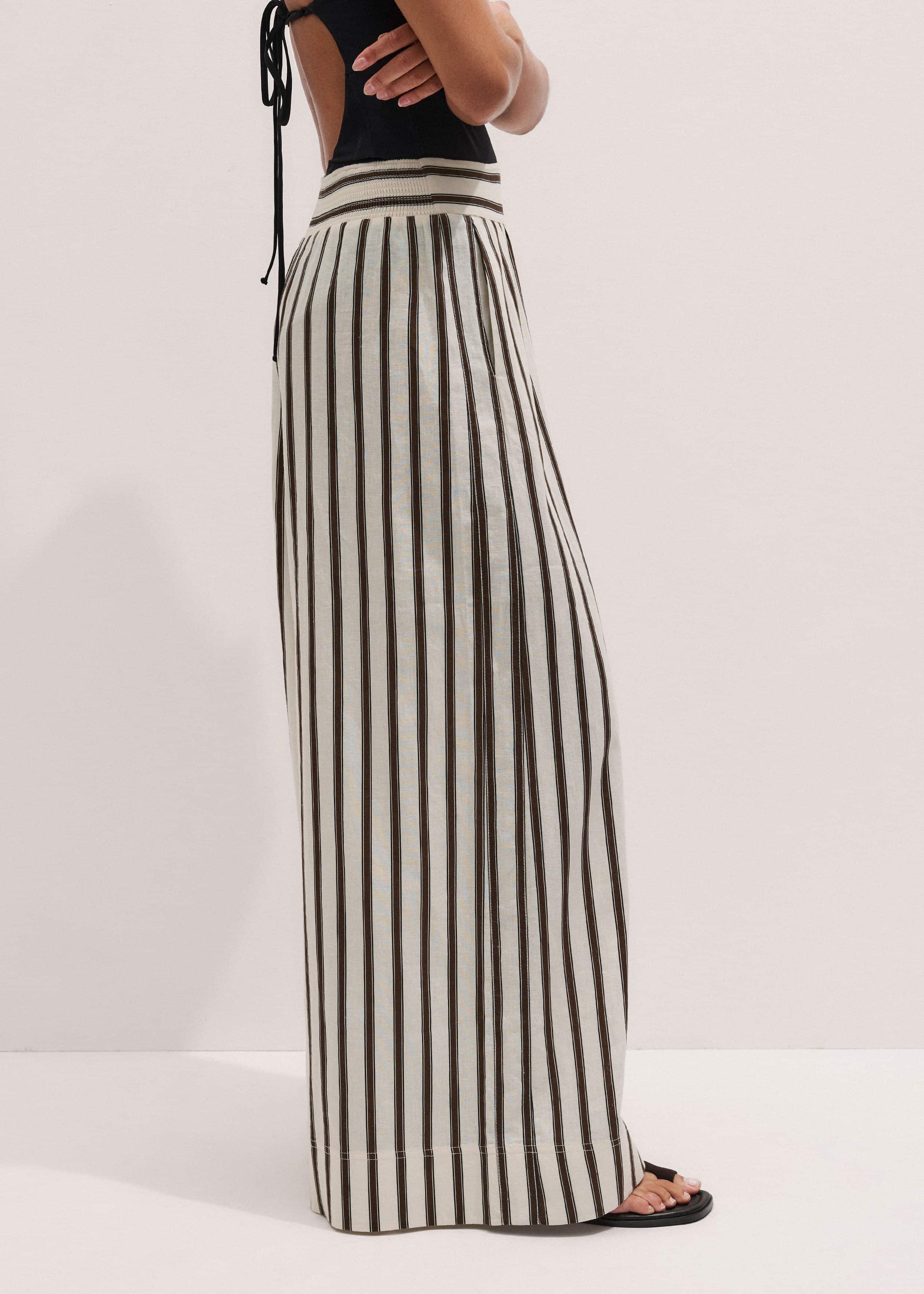 ME and EM Clothing Cream Linen-Blend Spring Stripe Wide-Leg Pant