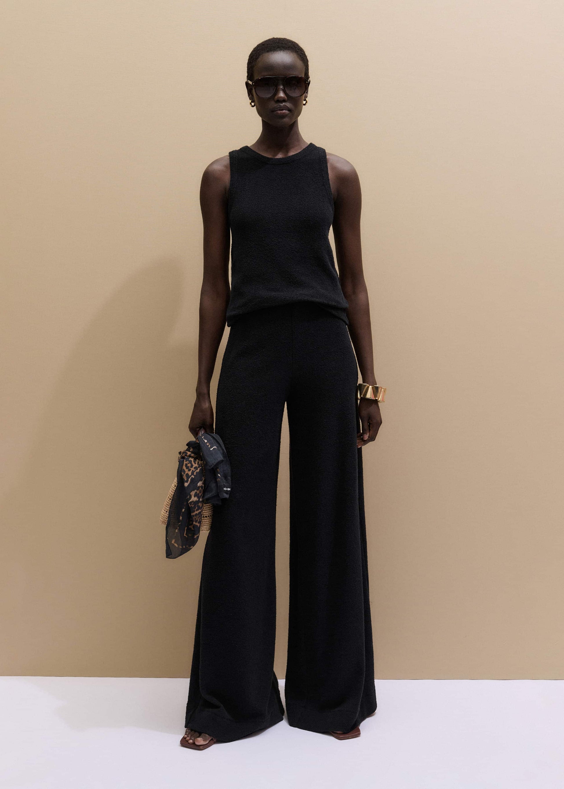 ME and EM Clothing Black Textured Wide-Leg Palazzo Pant